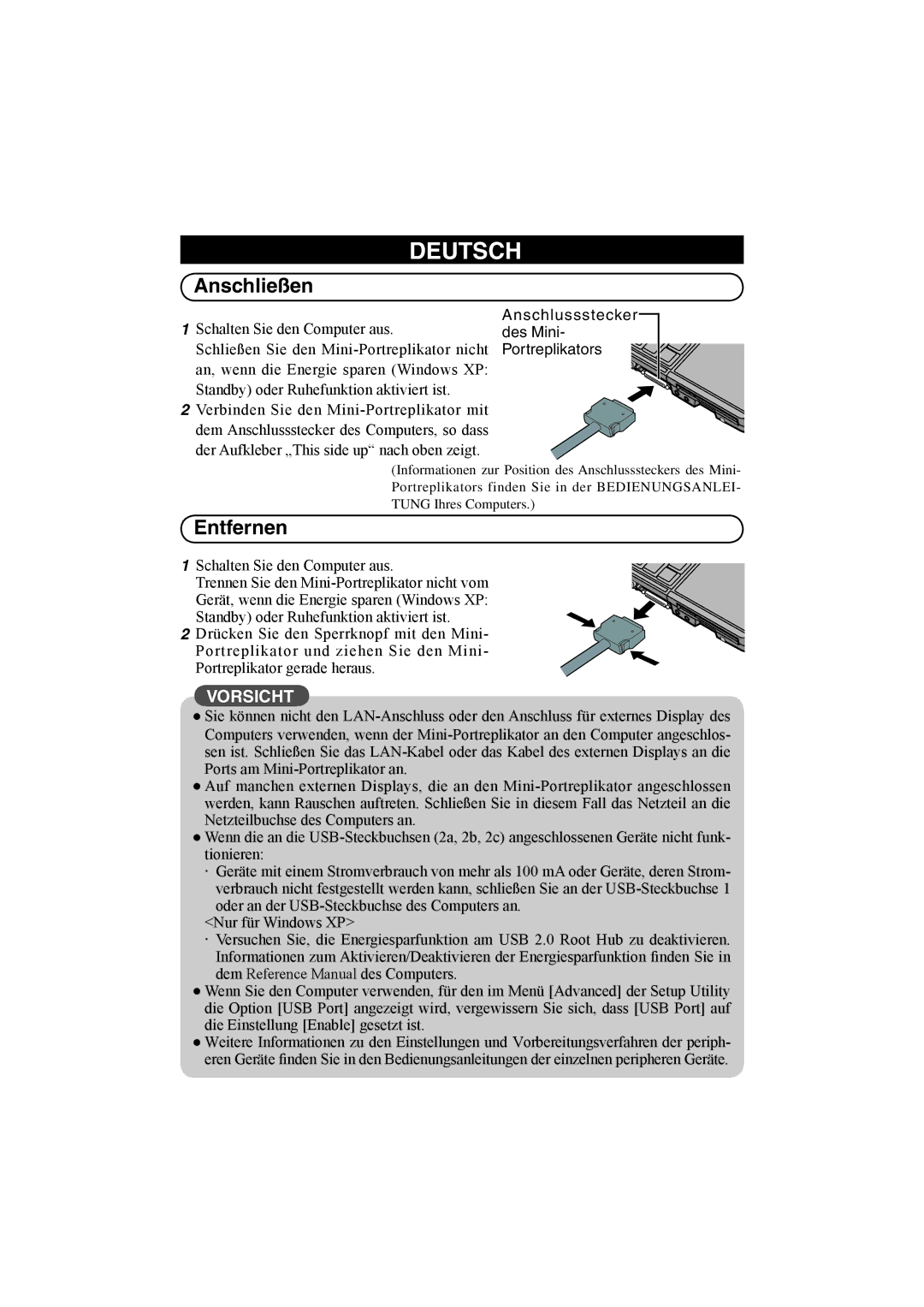 Panasonic CF-VEBU05BU manual Anschließen, Entfernen 