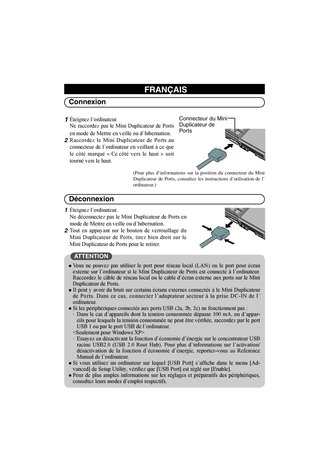 Panasonic CF-VEBU05BU manual Connexion, Déconnexion 