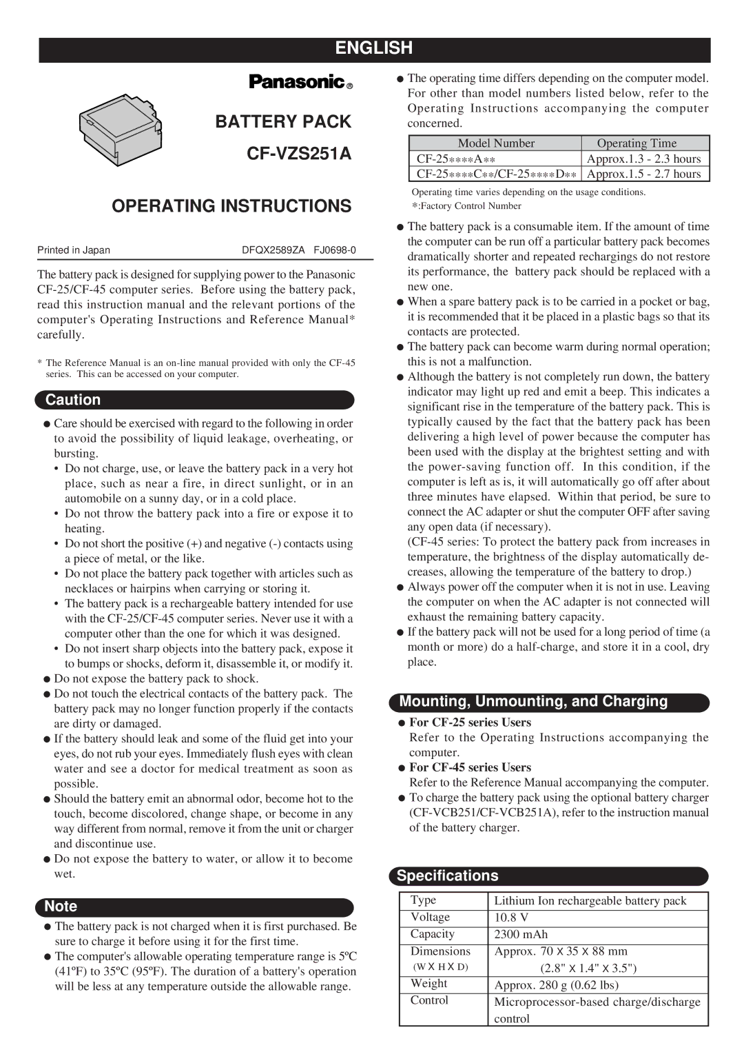 Panasonic specifications English, Battery Pack CF-VZS251A Operating Instructions, Mounting, Unmounting, and Charging 