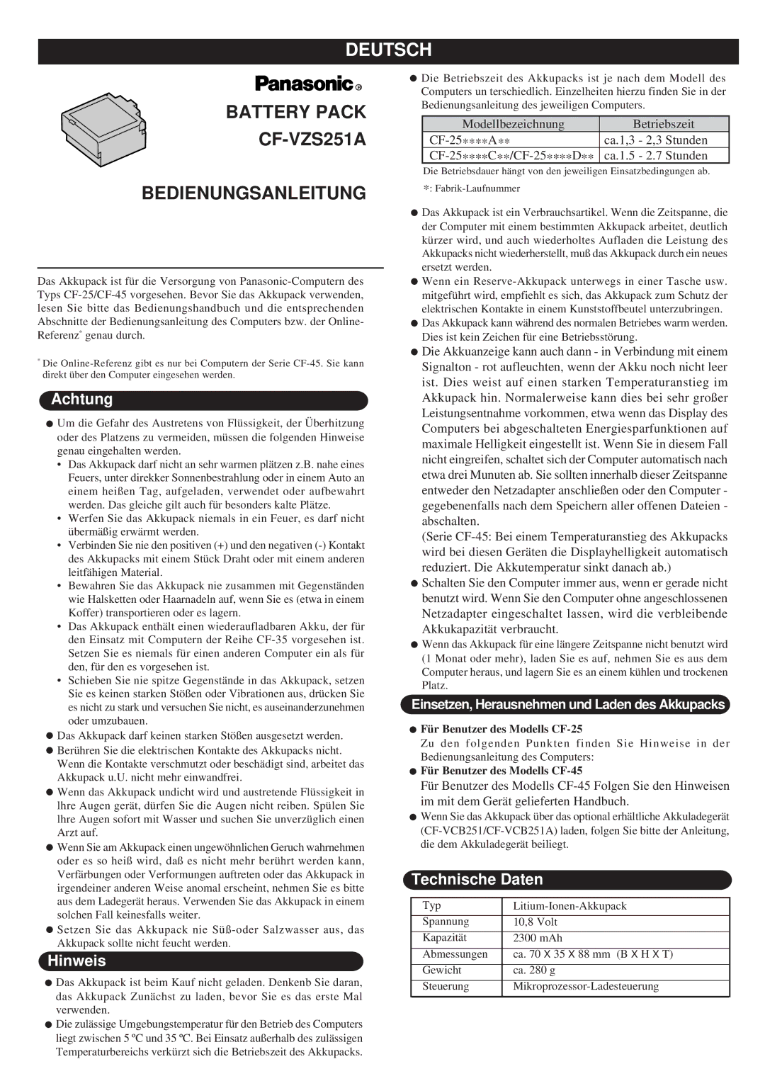 Panasonic specifications Deutsch, Battery Pack CF-VZS251A Bedienungsanleitung, Achtung, Hinweis, Technische Daten 