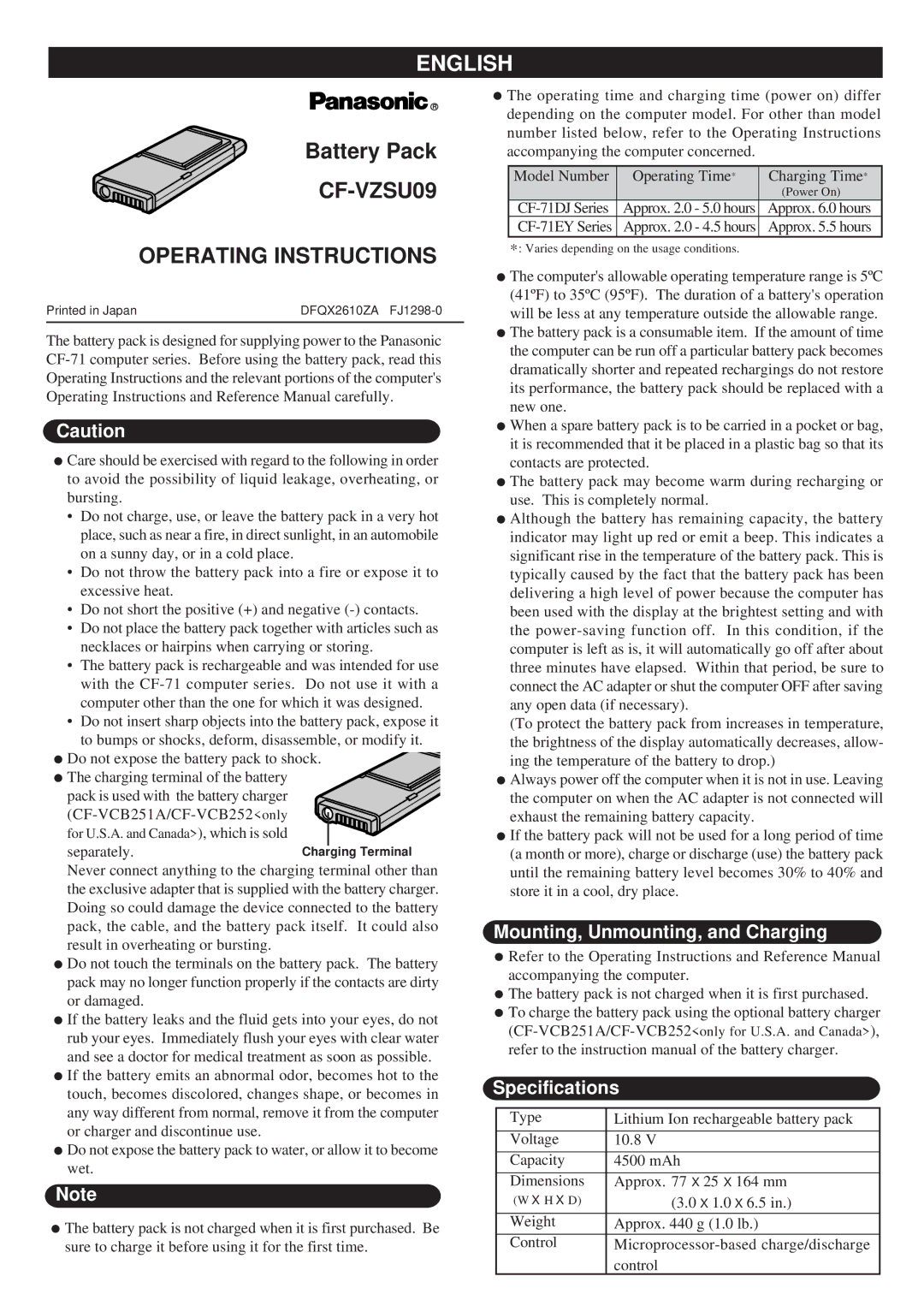 Panasonic specifications English, CF-VZSU09 Operating Instructions, Mounting, Unmounting, and Charging, Specifications 