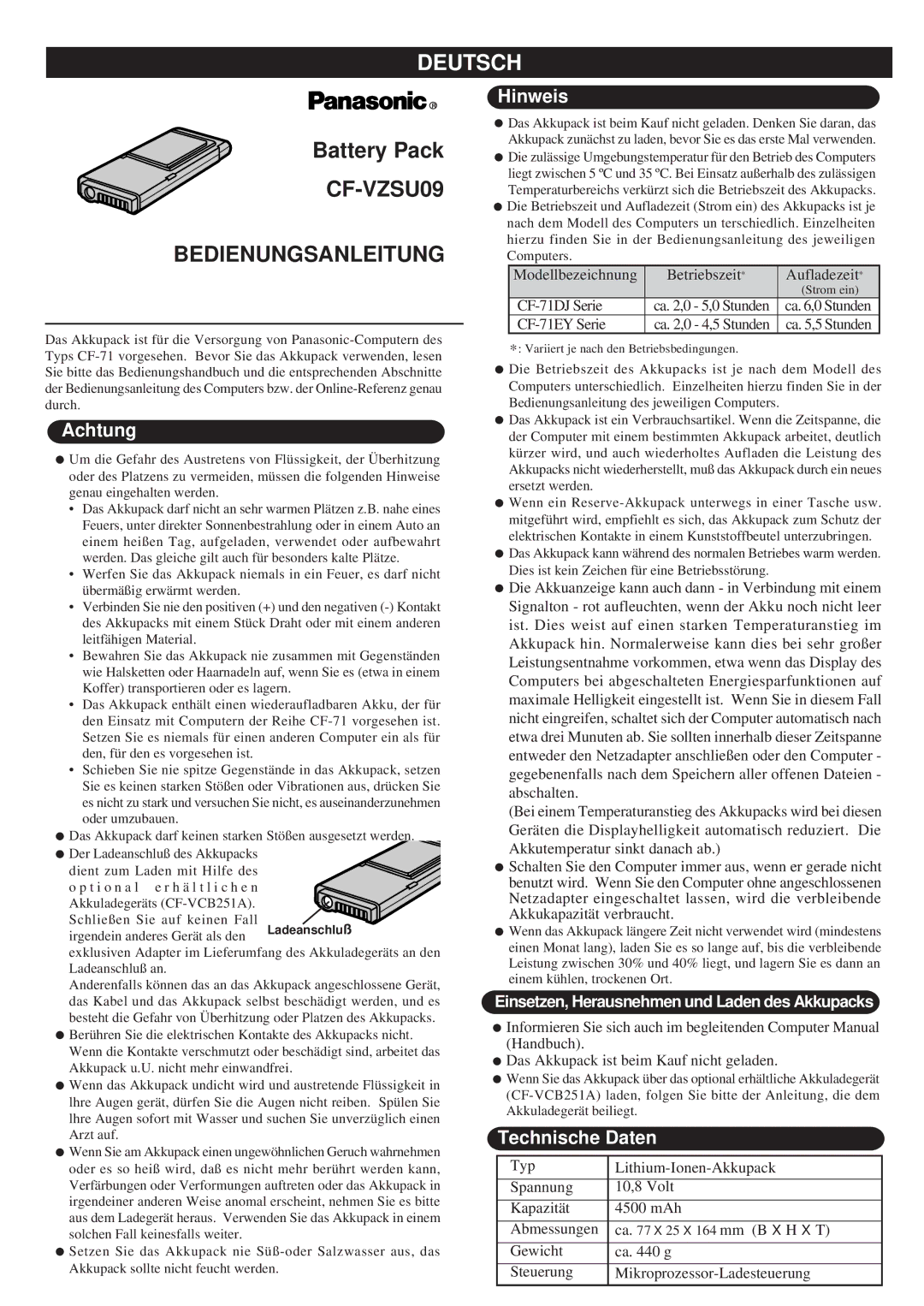 Panasonic specifications Deutsch, CF-VZSU09 Bedienungsanleitung, Achtung, Hinweis, Technische Daten 