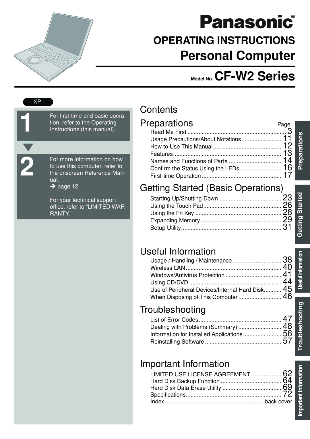 Panasonic CF-W2 Series XP specifications Personal Computer Model No. CF-W2 Series 