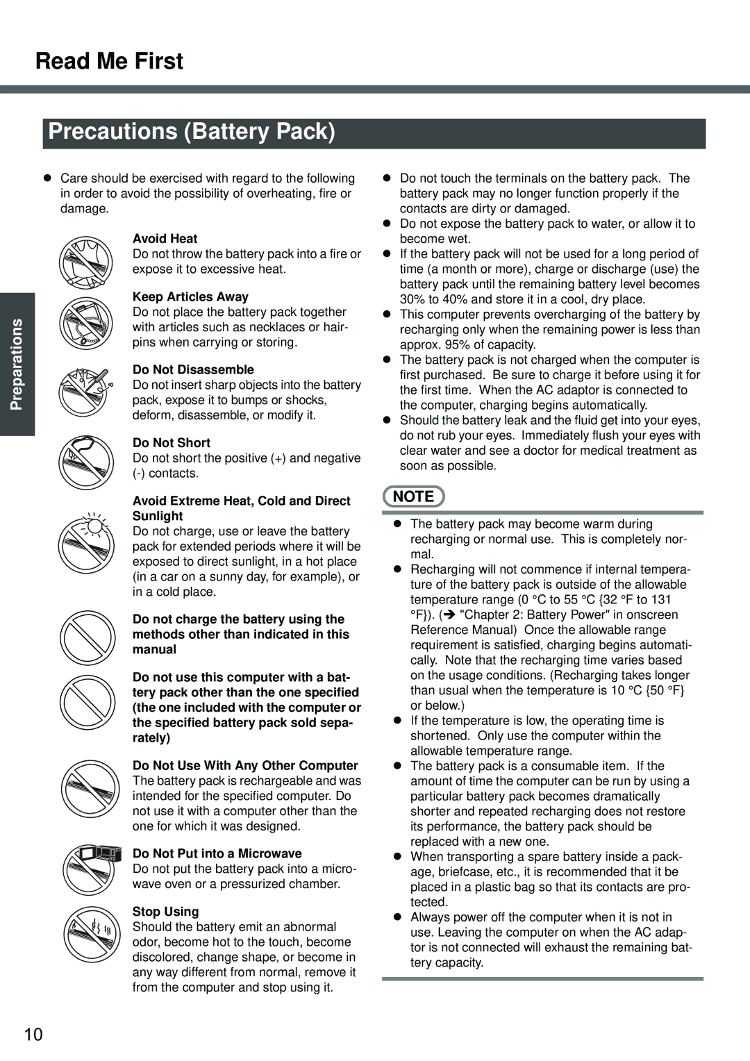 Panasonic CF-W2 Series XP specifications Precautions Battery Pack 