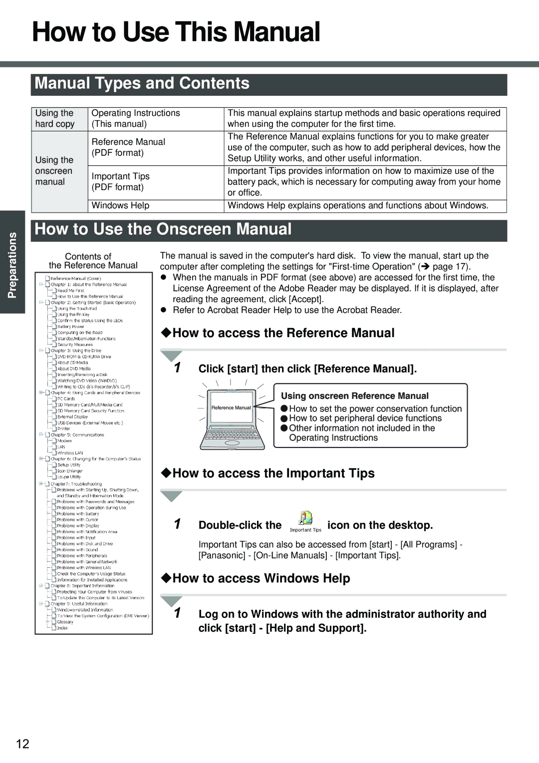 Panasonic CF-W2 Series XP specifications How to Use This Manual, Manual Types and Contents, How to Use the Onscreen Manual 