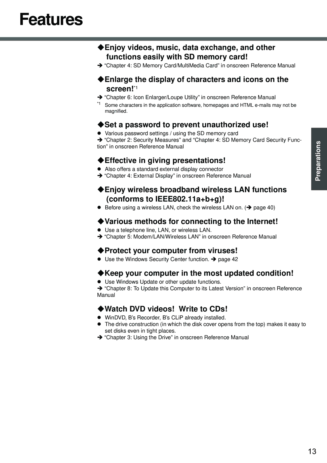 Panasonic CF-W2 Series XP specifications Features 