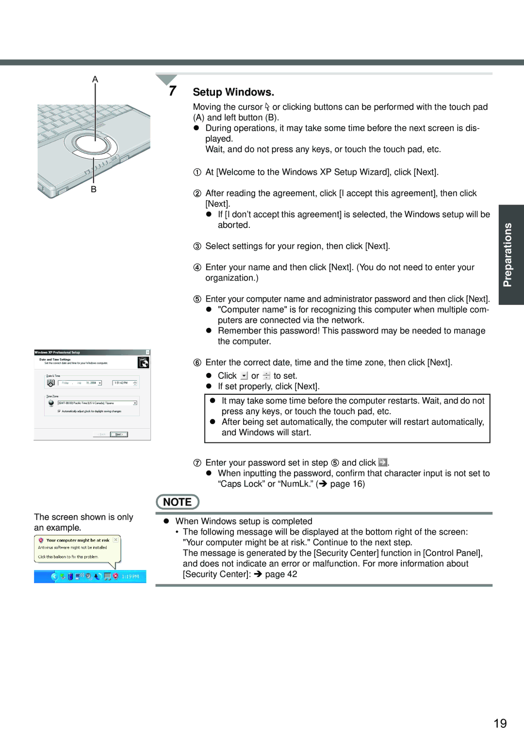 Panasonic CF-W2 Series XP specifications Setup Windows 