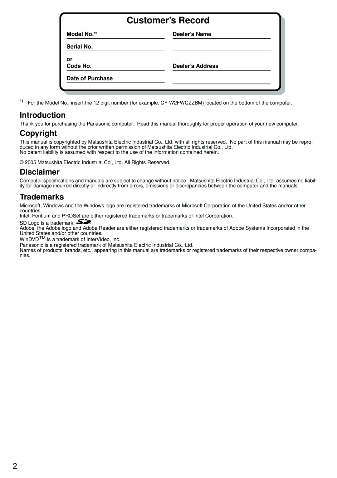 Panasonic CF-W2 Series XP specifications Introduction, Copyright, Disclaimer Trademarks 