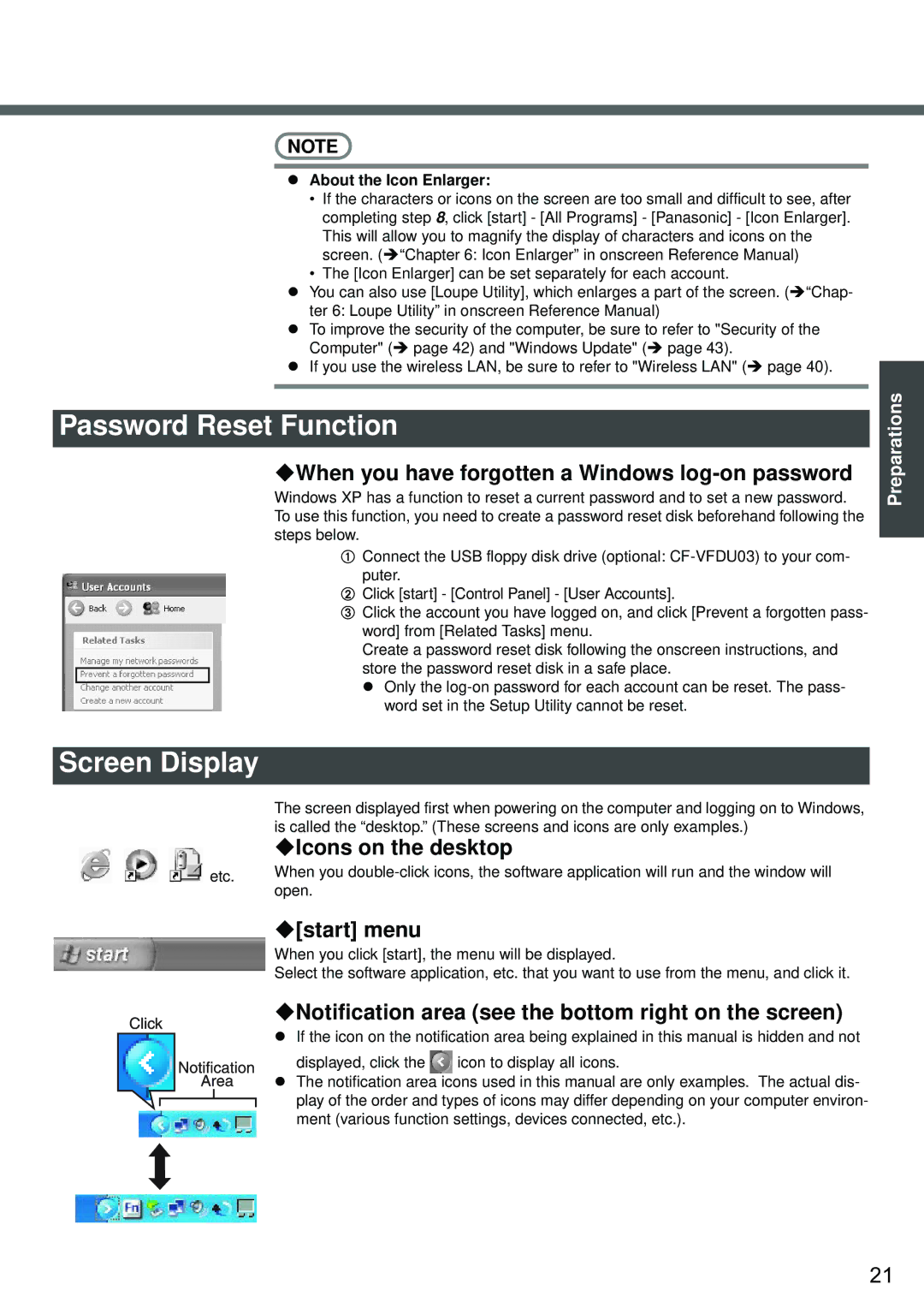 Panasonic CF-W2 Series XP specifications Password Reset Function, Screen Display 