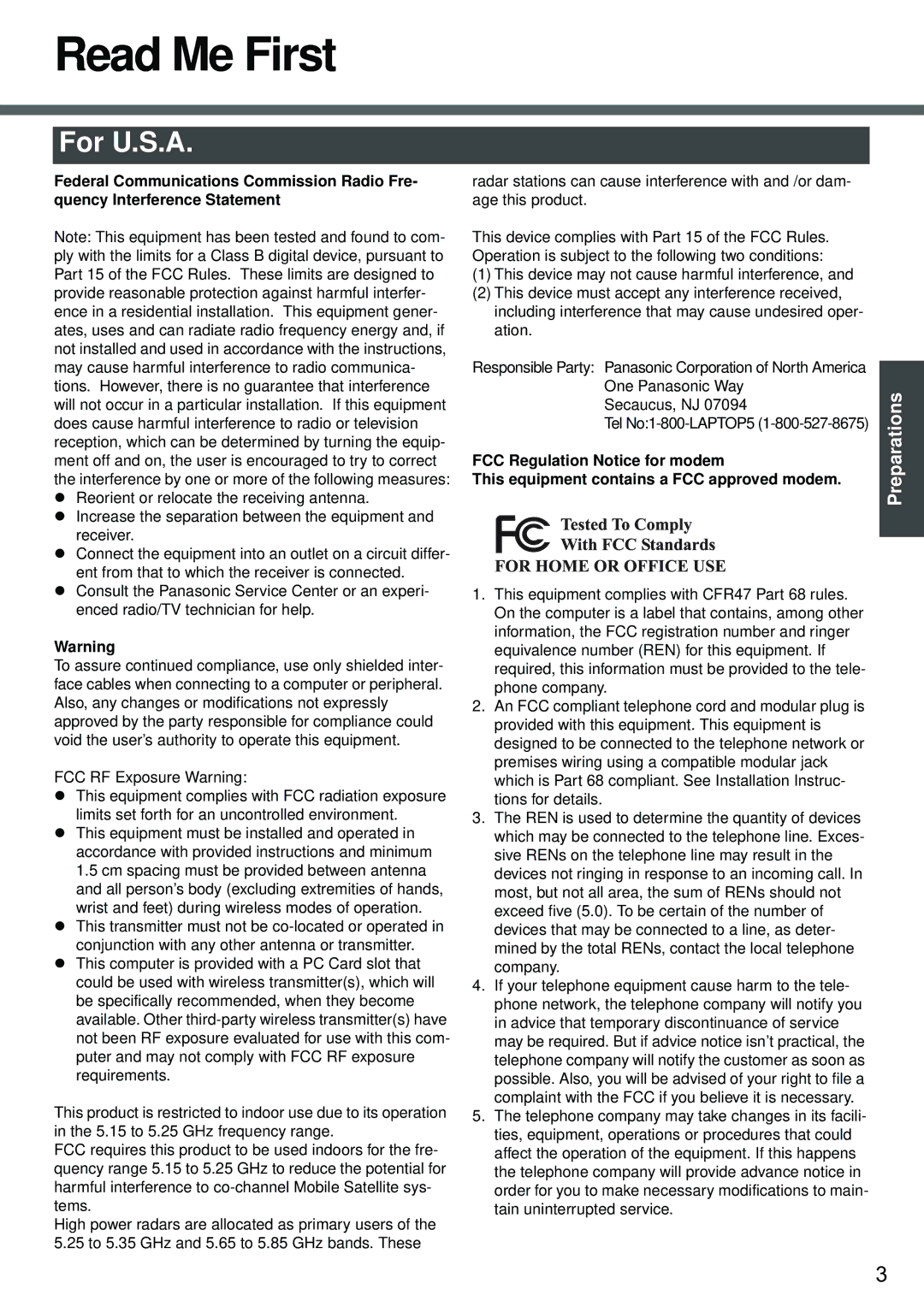 Panasonic CF-W2 Series XP specifications Read Me First, For U.S.A 