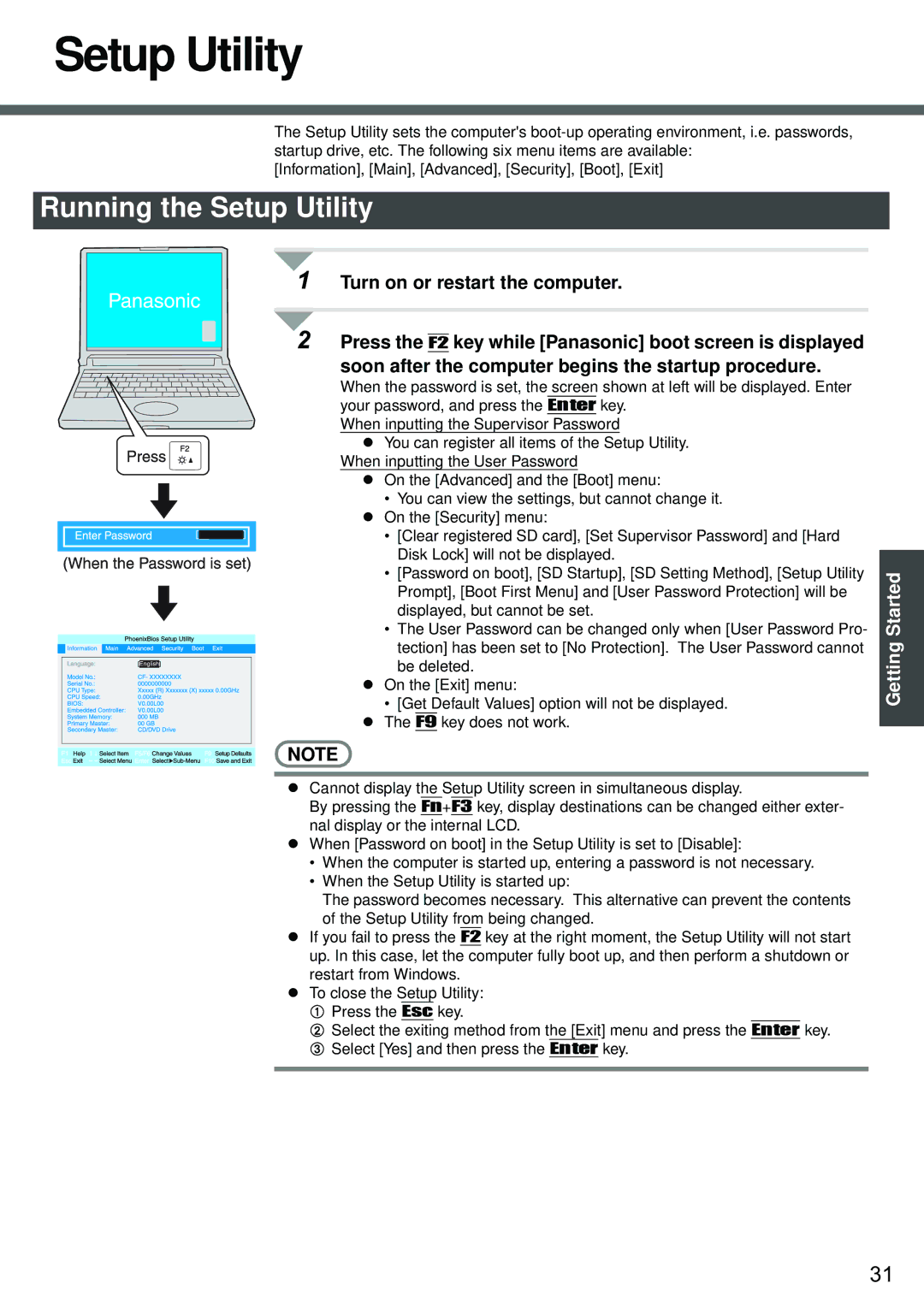 Panasonic CF-W2 Series XP specifications Running the Setup Utility 