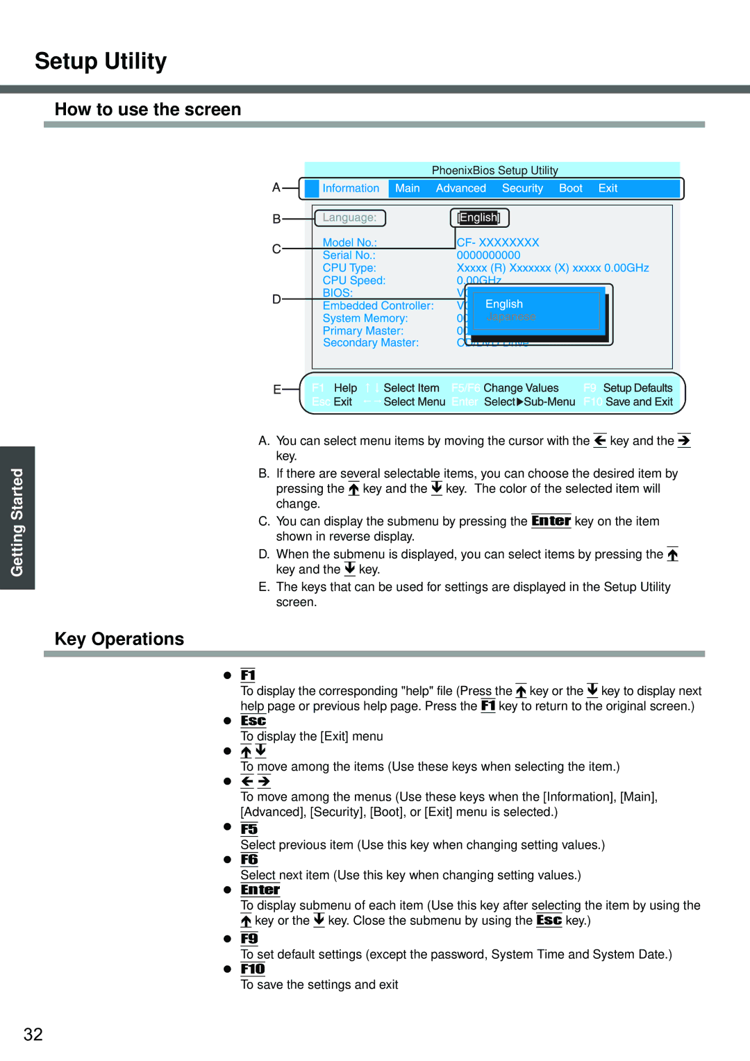 Panasonic CF-W2 Series XP specifications Setup Utility, How to use the screen, Key Operations 