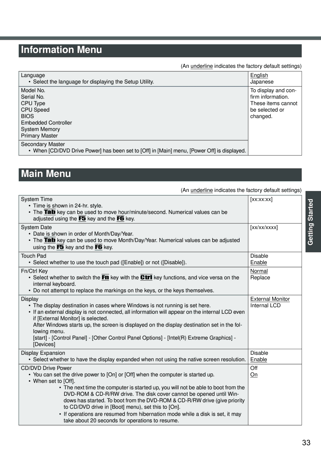 Panasonic CF-W2 Series XP specifications Information Menu, Main Menu 