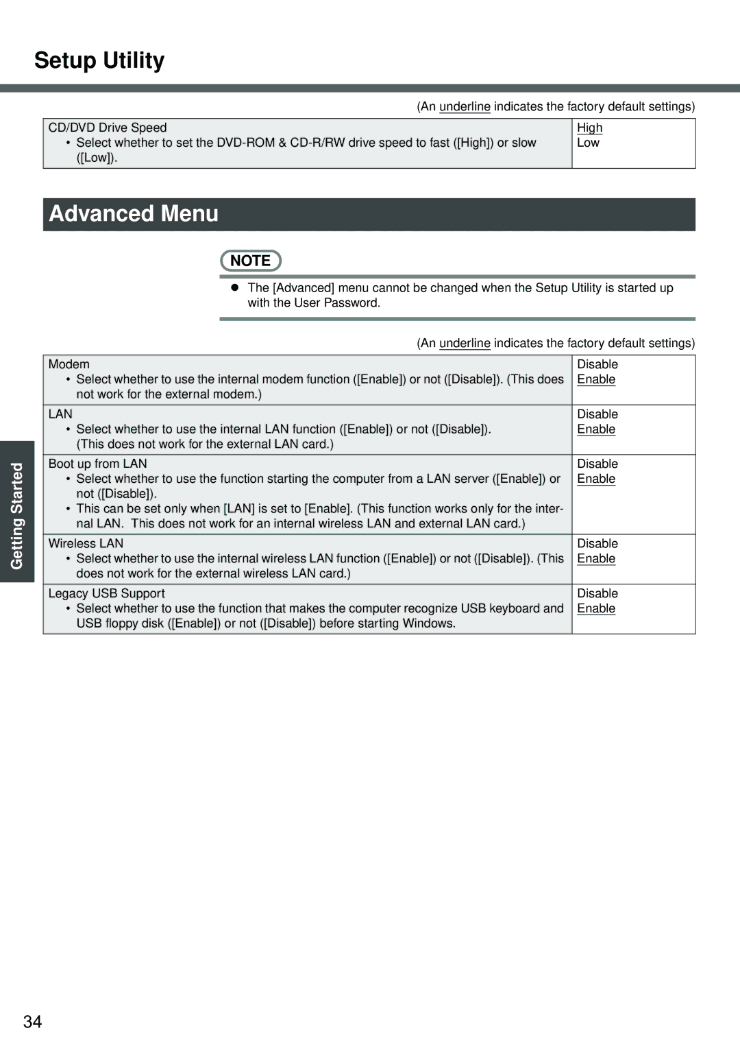 Panasonic CF-W2 Series XP specifications Advanced Menu, Lan 