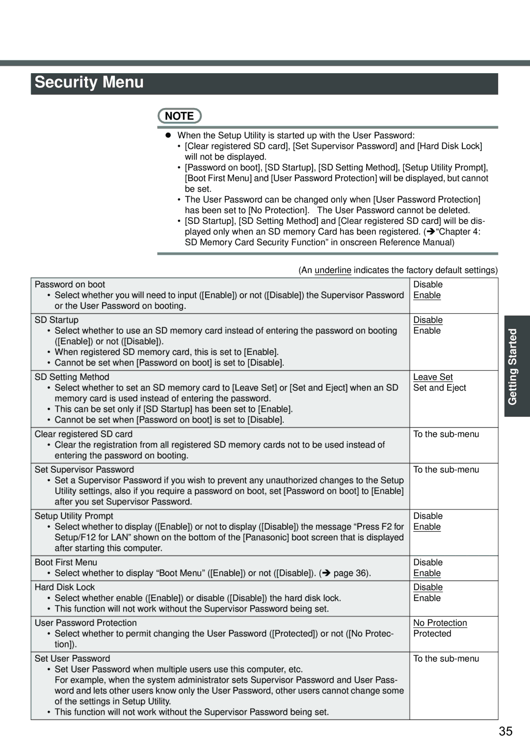 Panasonic CF-W2 Series XP specifications Security Menu 