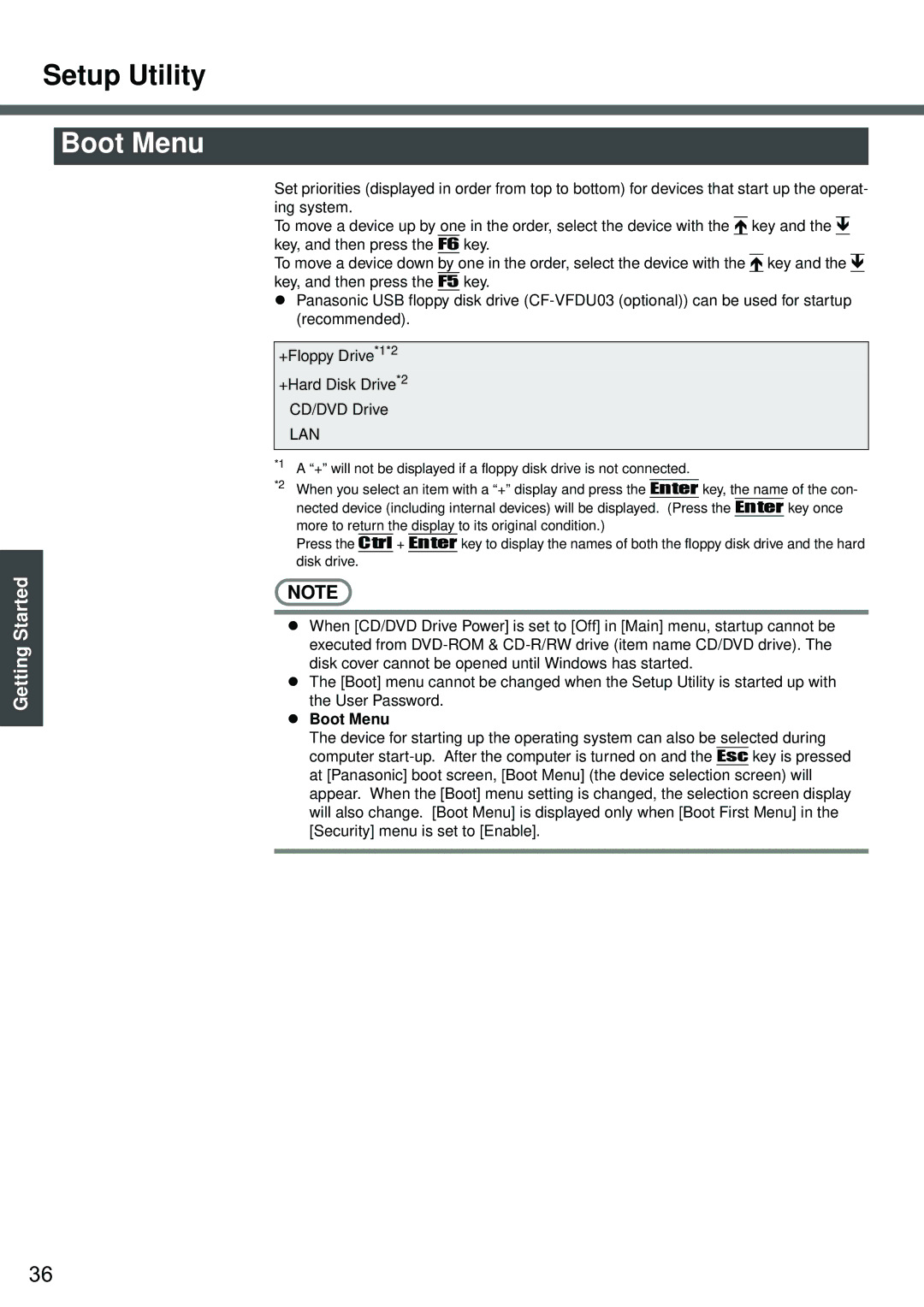 Panasonic CF-W2 Series XP specifications Boot Menu 