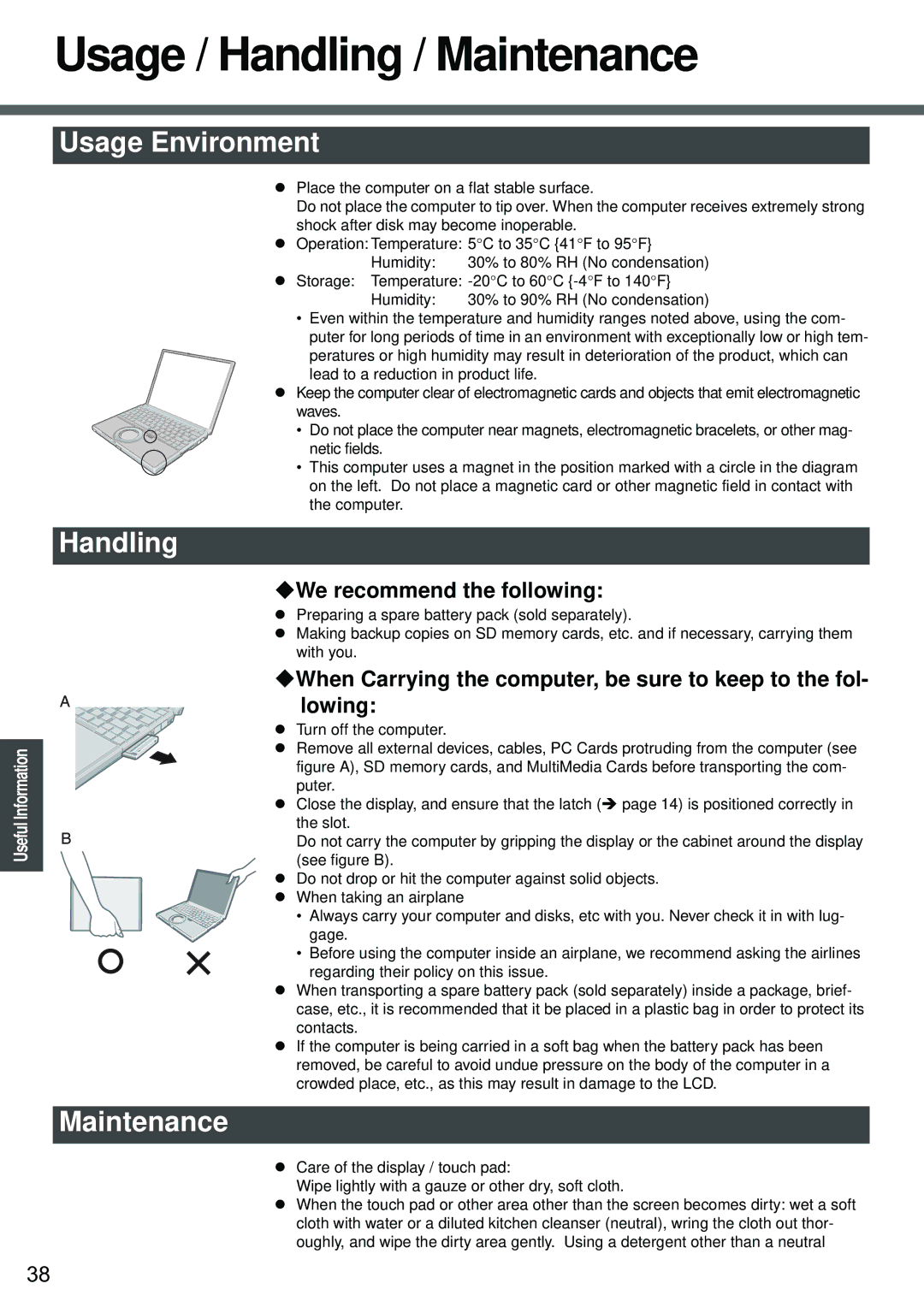 Panasonic CF-W2 Series XP specifications Usage / Handling / Maintenance, Usage Environment, ‹We recommend the following 