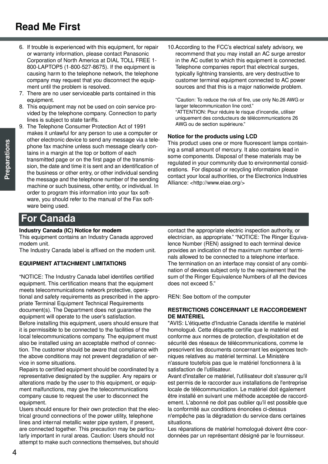 Panasonic CF-W2 Series XP specifications Read Me First, For Canada, Industry Canada IC Notice for modem 