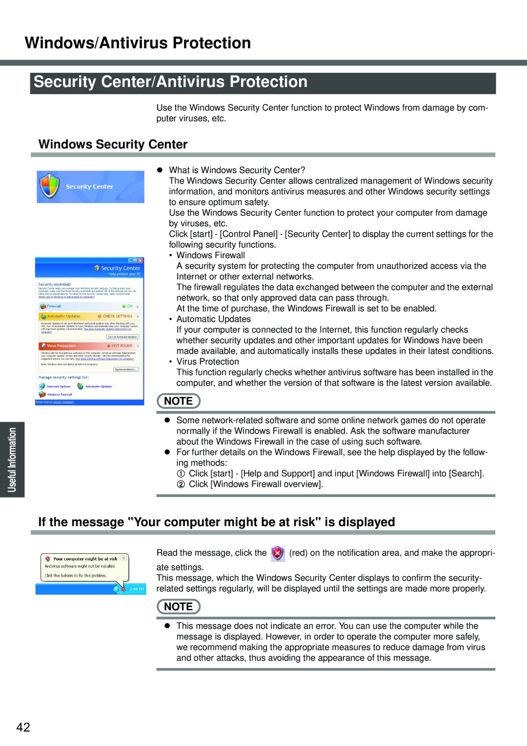 Panasonic CF-W2 Series XP Windows/Antivirus Protection, Security Center/Antivirus Protection, Windows Security Center 