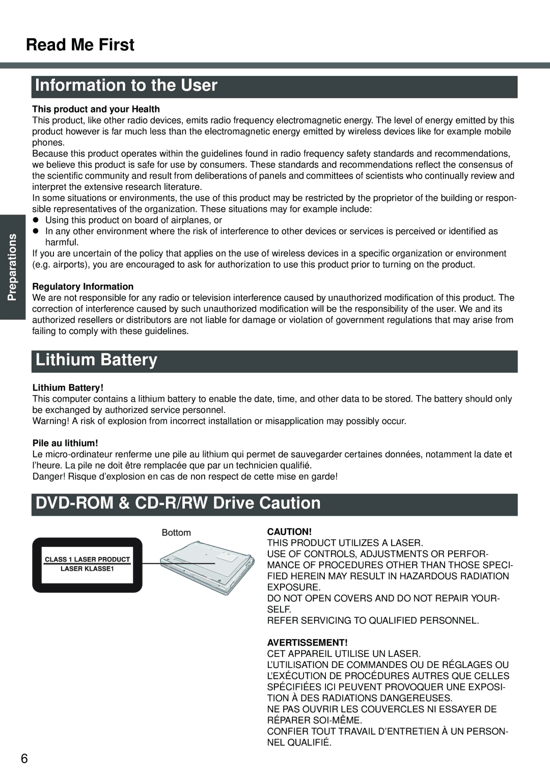 Panasonic CF-W2 Series XP specifications Information to the User, Lithium Battery, DVD-ROM & CD-R/RW Drive Caution 