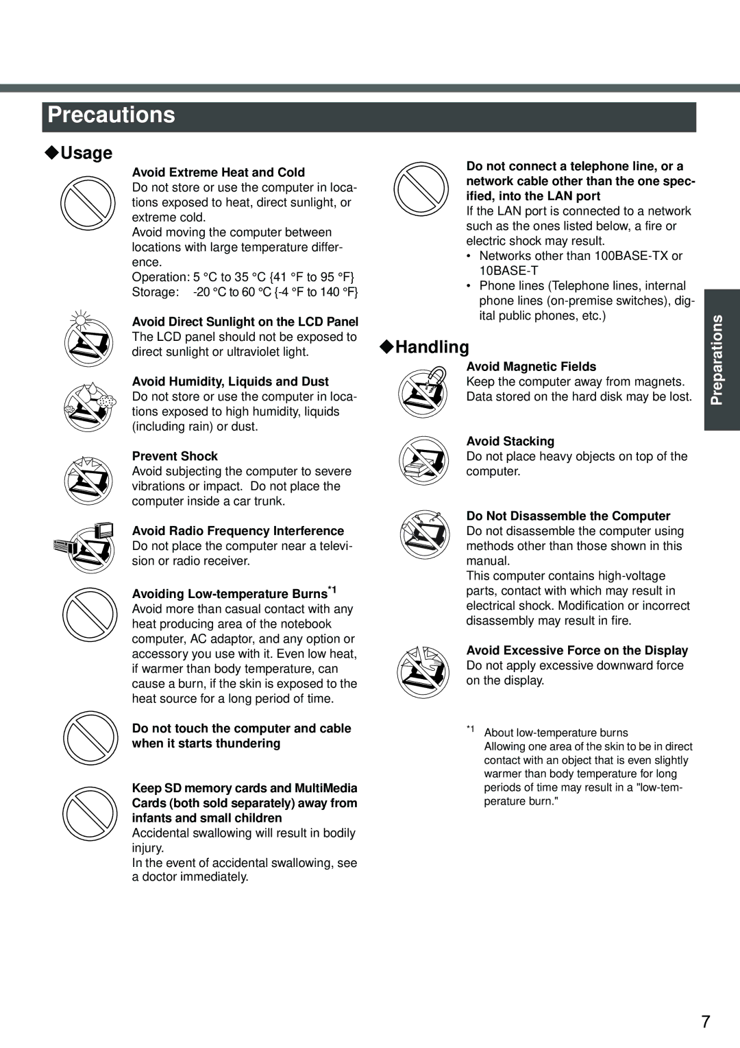 Panasonic CF-W2 Series XP specifications Precautions, ‹Usage, ‹Handling 