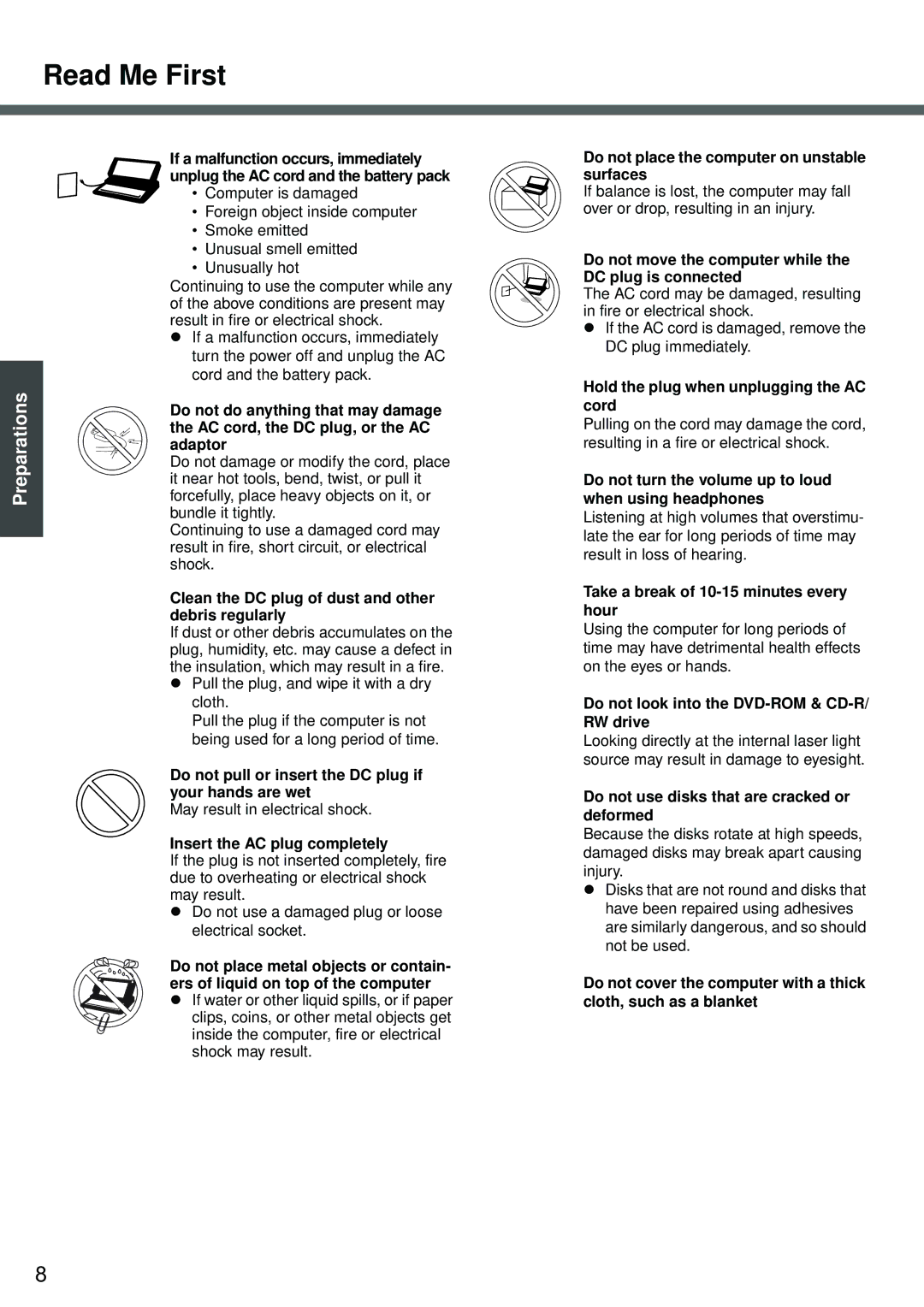 Panasonic CF-W2 Series XP Do not do anything that may damage, AC cord, the DC plug, or the AC, Adaptor, Debris regularly 