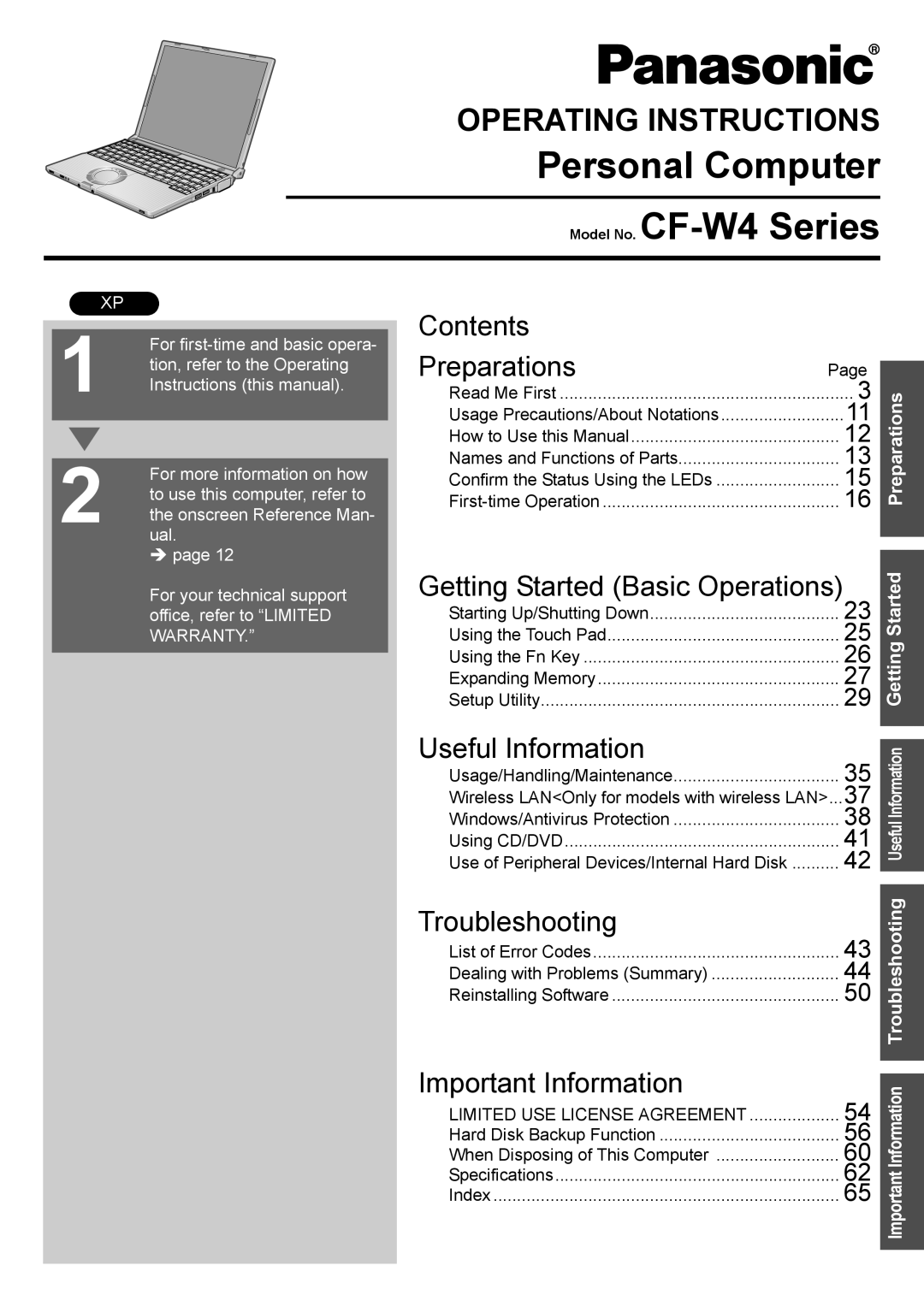 Panasonic manual Personal Computer Model No. CF-W4 Series 