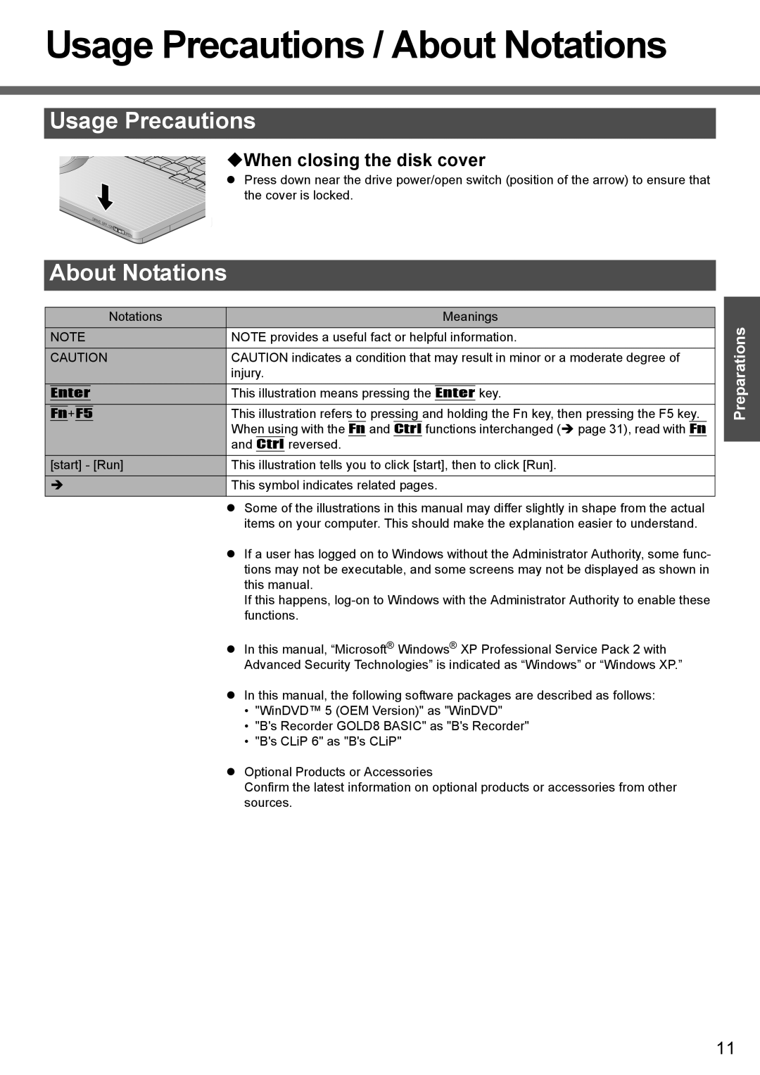 Panasonic CF-W4 Series manual Usage Precautions / About Notations, ‹When closing the disk cover 