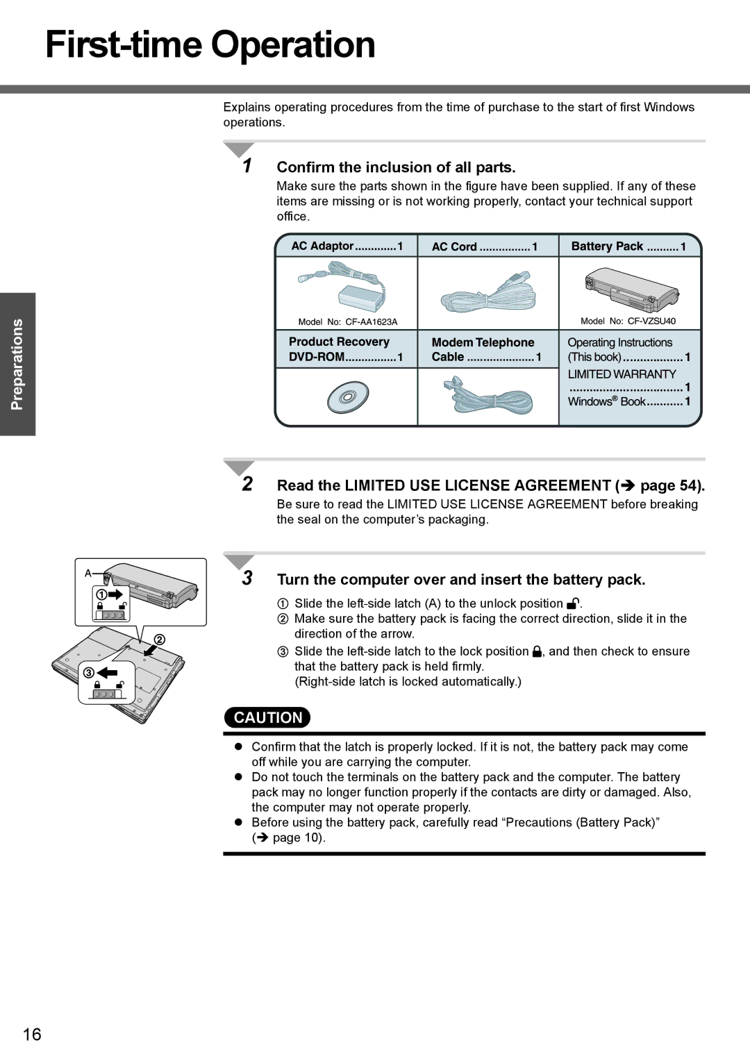 Panasonic CF-W4 Series First-time Operation, Confirm the inclusion of all parts, Read the Limited USE License Agreement Î 