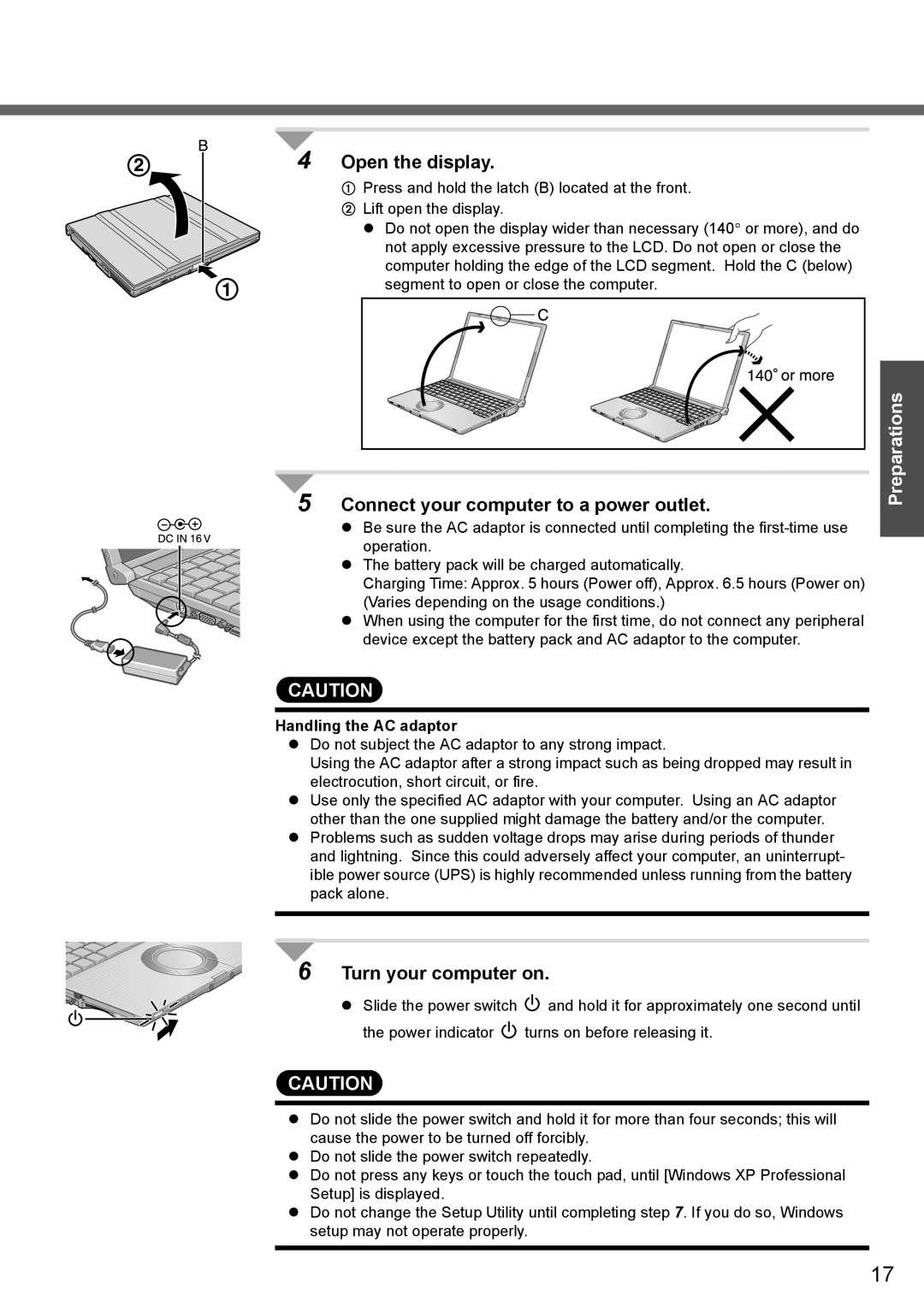 Panasonic CF-W4 Series manual Open the display, Connect your computer to a power outlet, Turn your computer on 