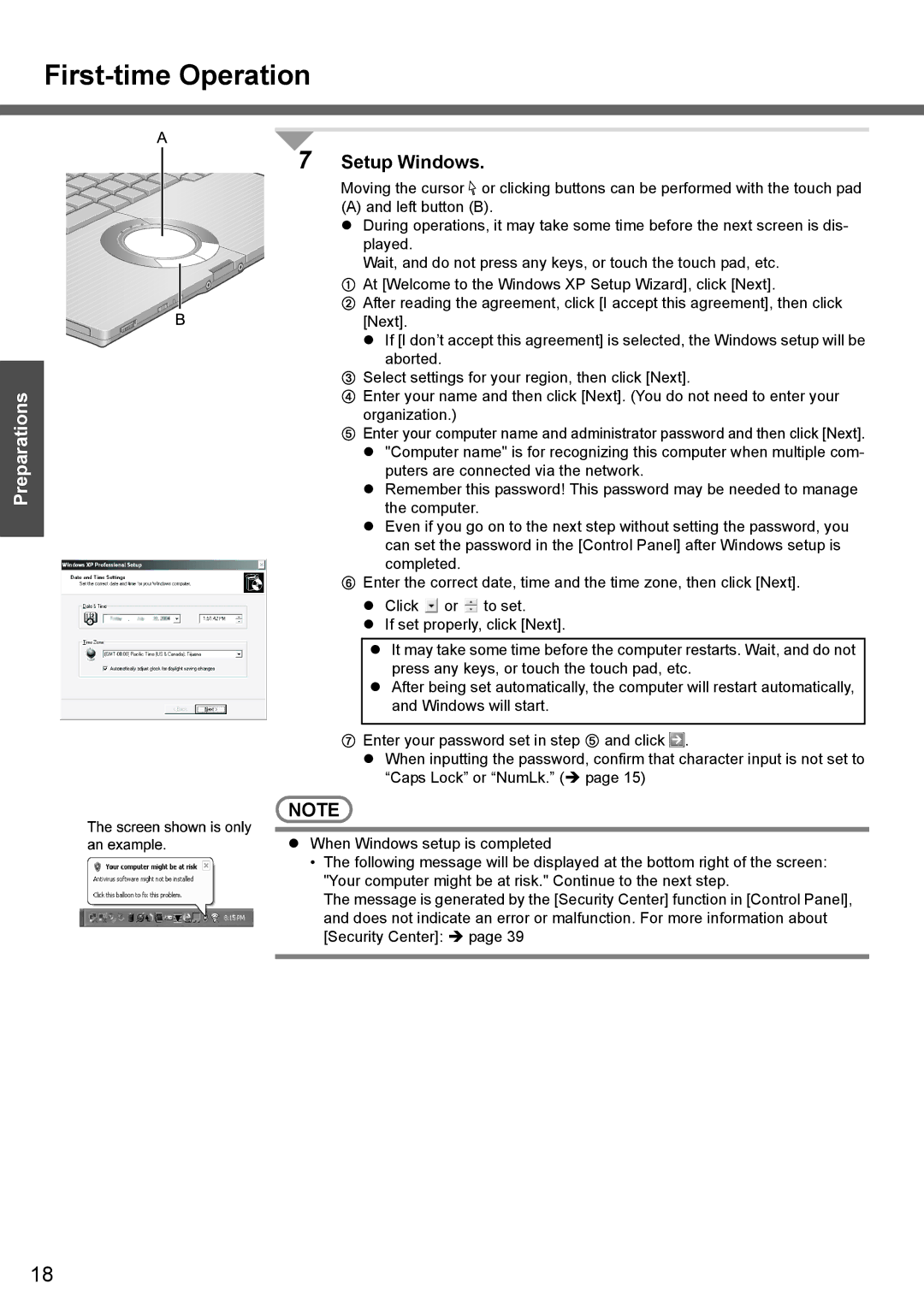 Panasonic CF-W4 Series manual First-time Operation, Setup Windows 