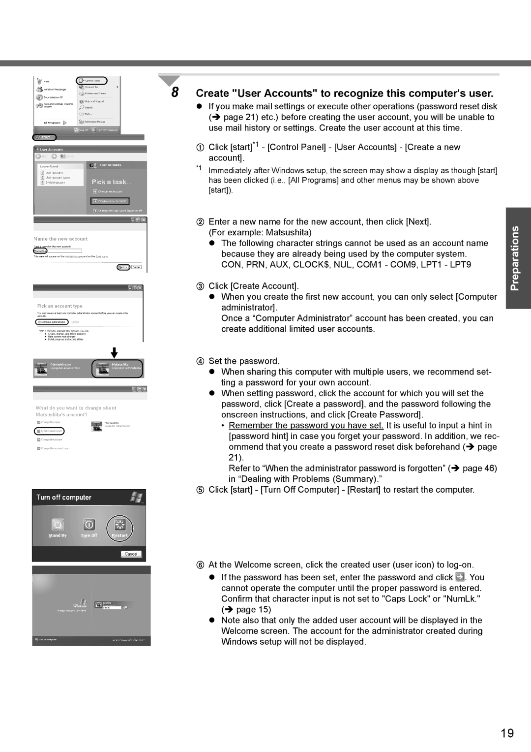 Panasonic CF-W4 Series manual Create User Accounts to recognize this computers user 