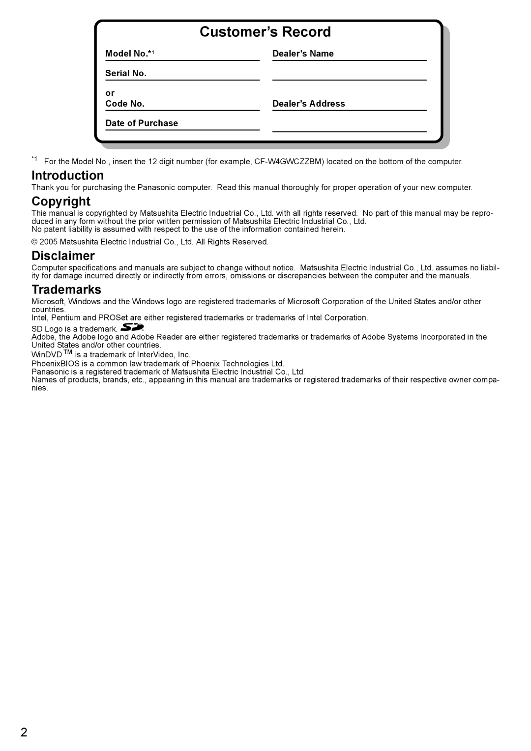 Panasonic CF-W4 Series manual Introduction, Copyright Disclaimer Trademarks 