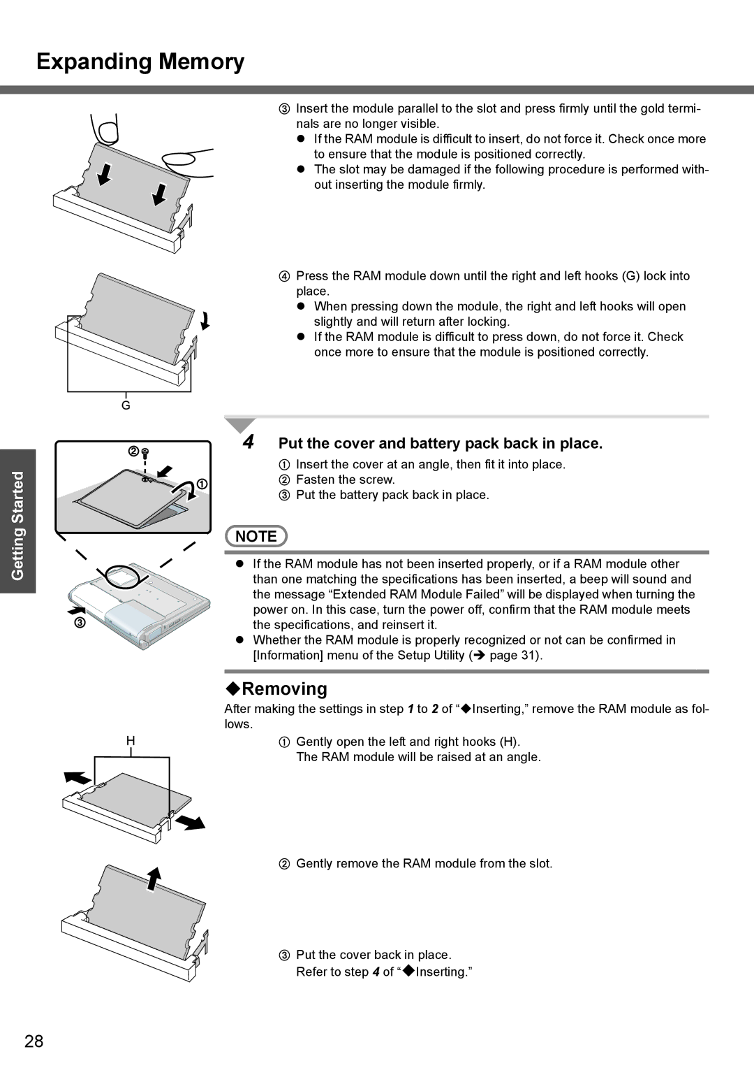 Panasonic CF-W4 Series manual Expanding Memory, ‹Removing, Put the cover and battery pack back in place 