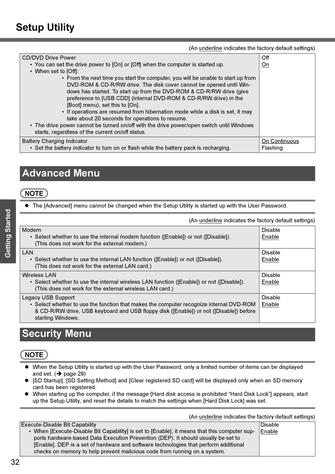 Panasonic CF-W4 Series manual Advanced Menu, Security Menu 