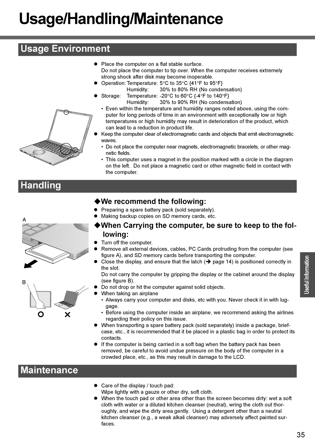 Panasonic CF-W4 Series manual Usage/Handling/Maintenance, Usage Environment, ‹We recommend the following 