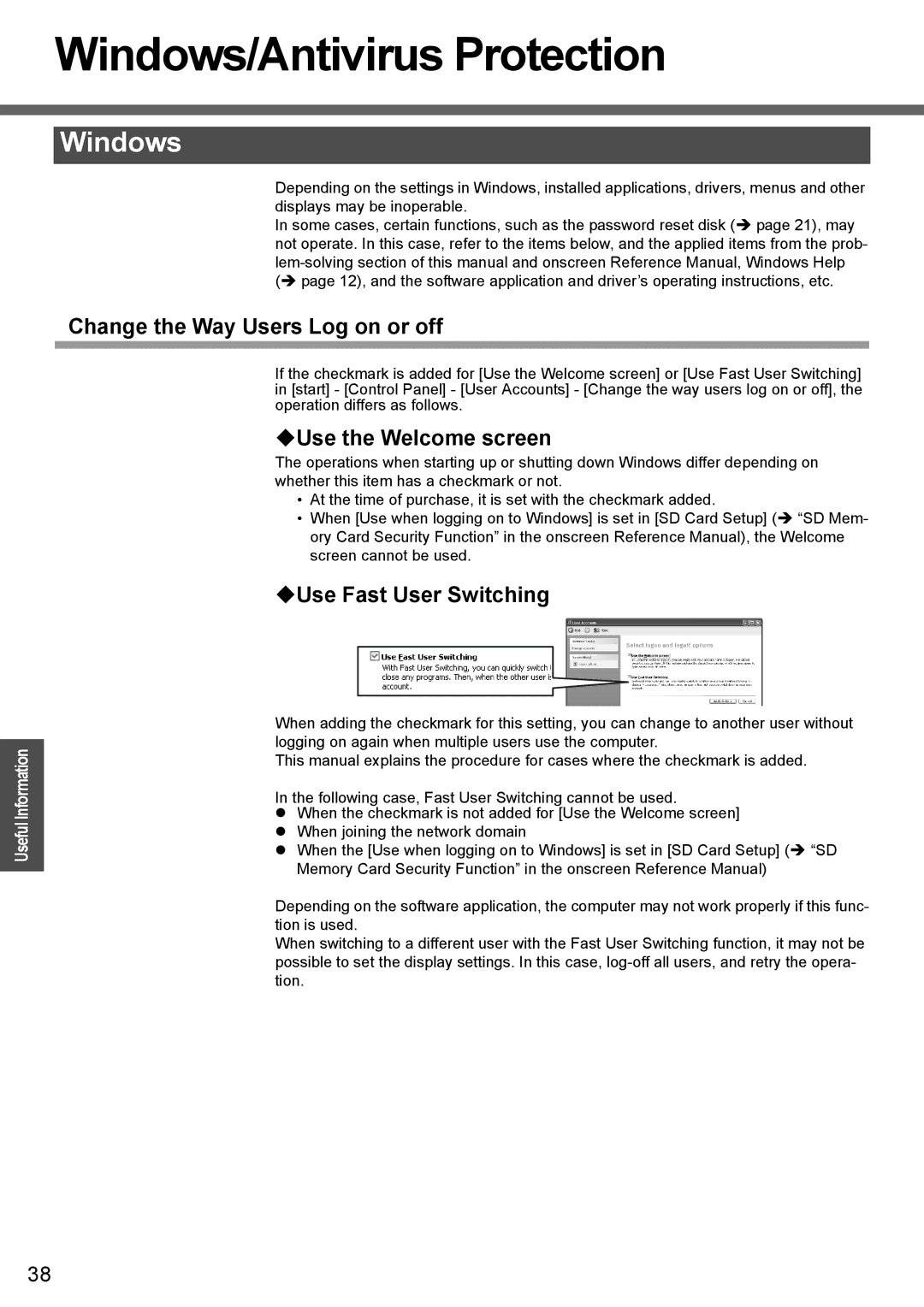 Panasonic CF-W4 Series manual Windows/Antivirus Protection, Change the Way Users Log on or off, ‹Use the Welcome screen 