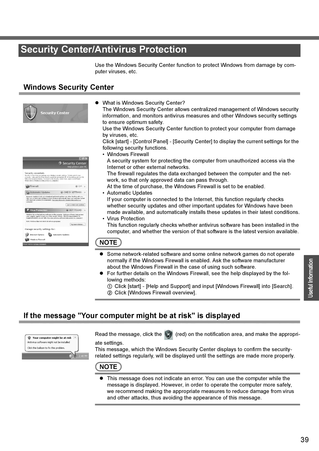 Panasonic CF-W4 Series manual Security Center/Antivirus Protection, Windows Security Center 