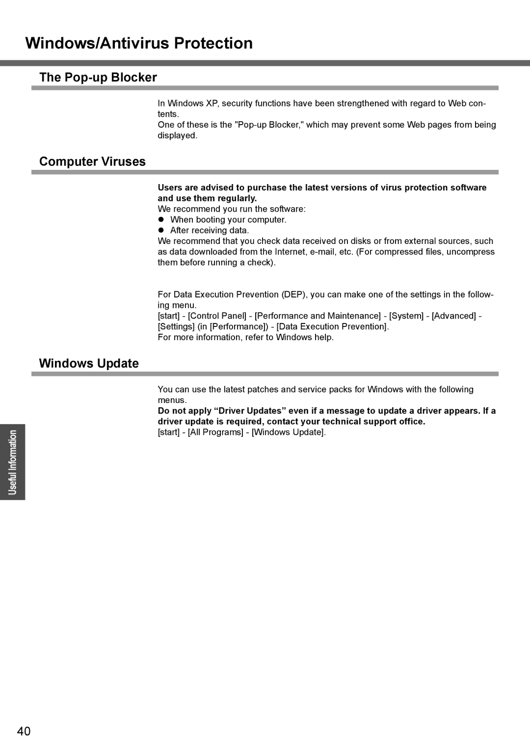 Panasonic CF-W4 Series manual Windows/Antivirus Protection, Pop-up Blocker, Computer Viruses, Windows Update 