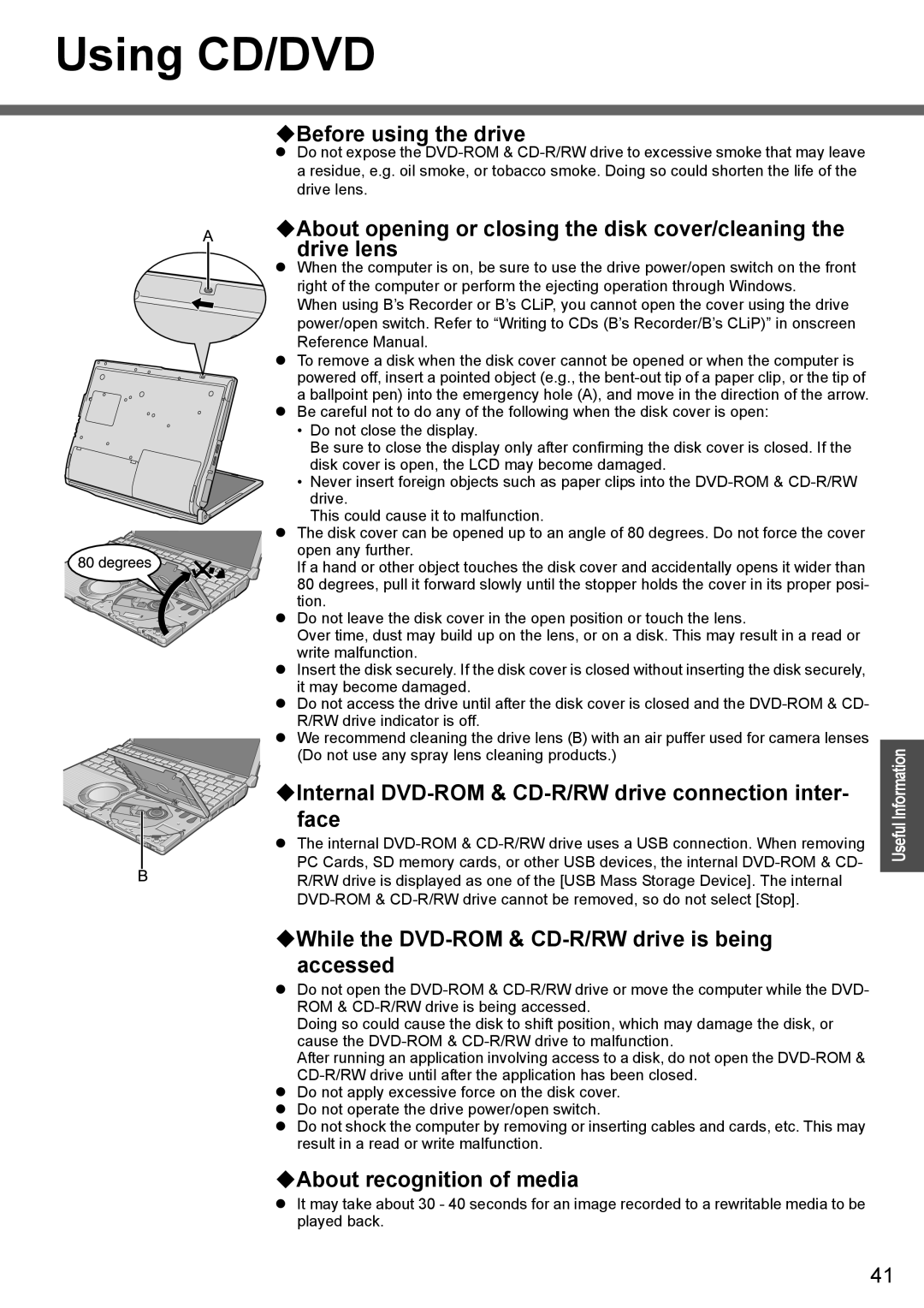 Panasonic CF-W4 Series Using CD/DVD, ‹Before using the drive, ‹Internal DVD-ROM & CD-R/RW drive connection inter- face 