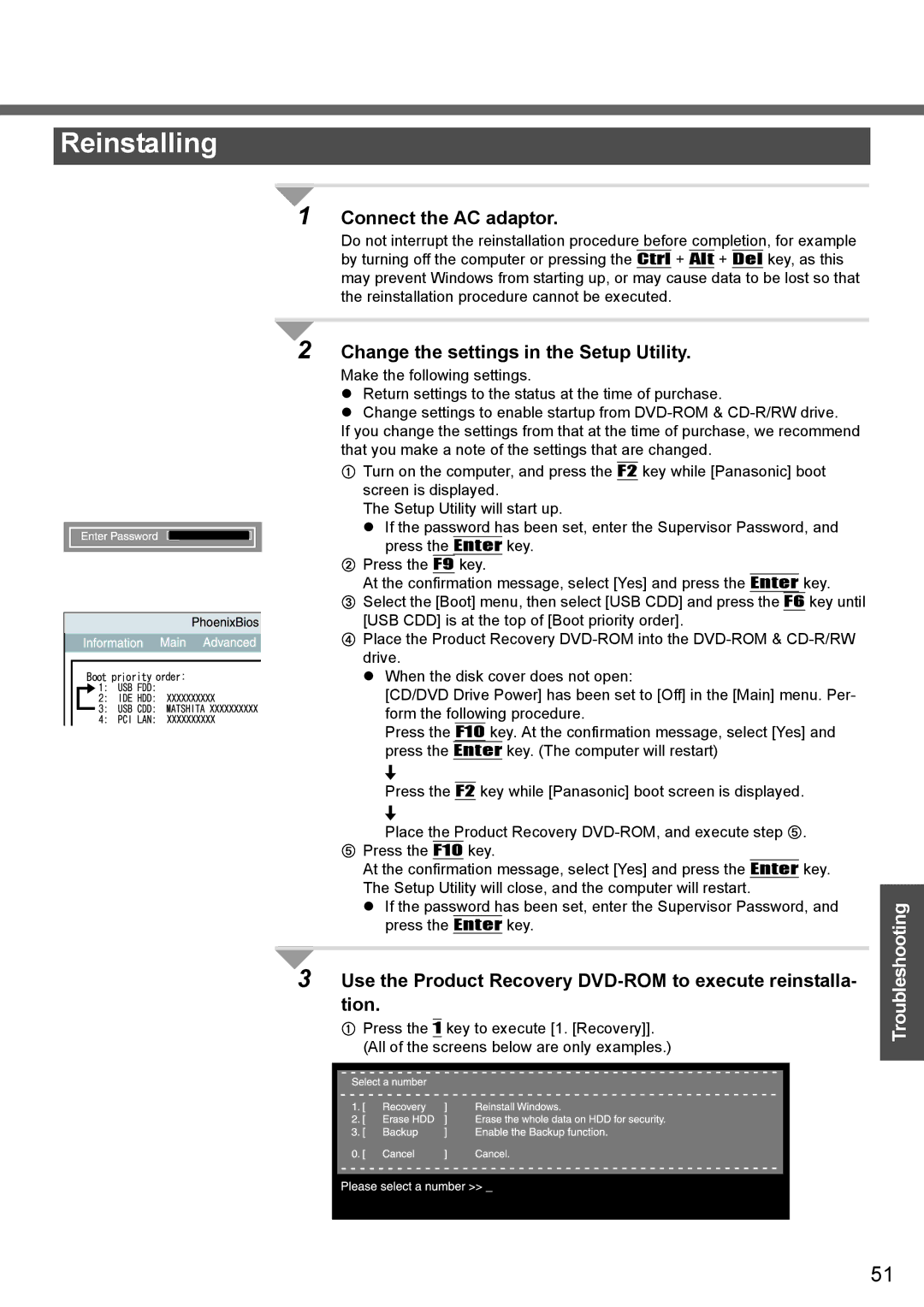 Panasonic CF-W4 Series manual Reinstalling, Connect the AC adaptor, Change the settings in the Setup Utility 