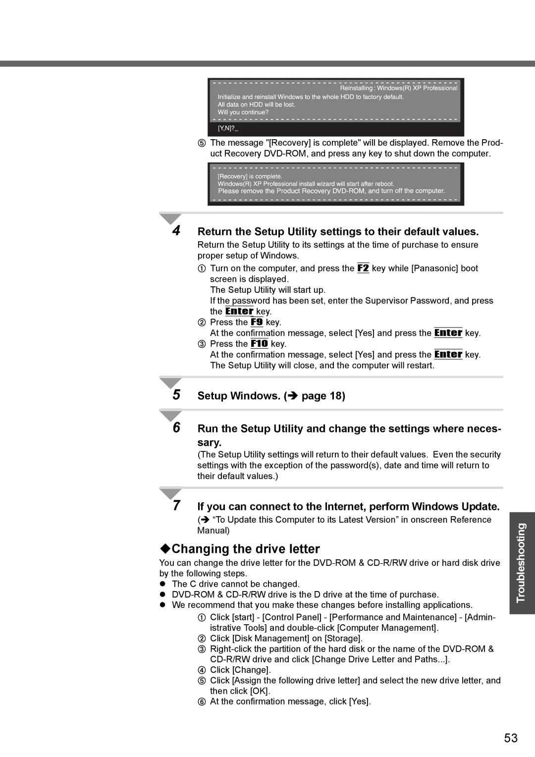 Panasonic CF-W4 Series manual ‹Changing the drive letter, Return the Setup Utility settings to their default values 