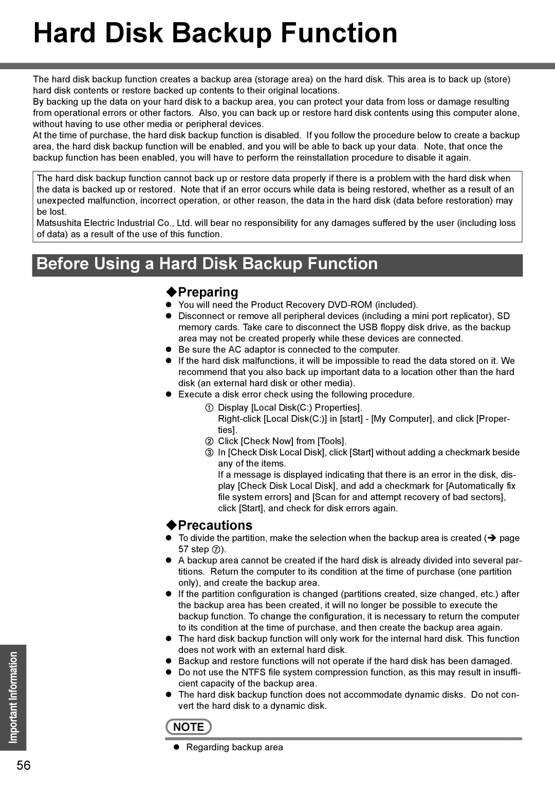 Panasonic CF-W4 Series manual Before Using a Hard Disk Backup Function, ‹Precautions 