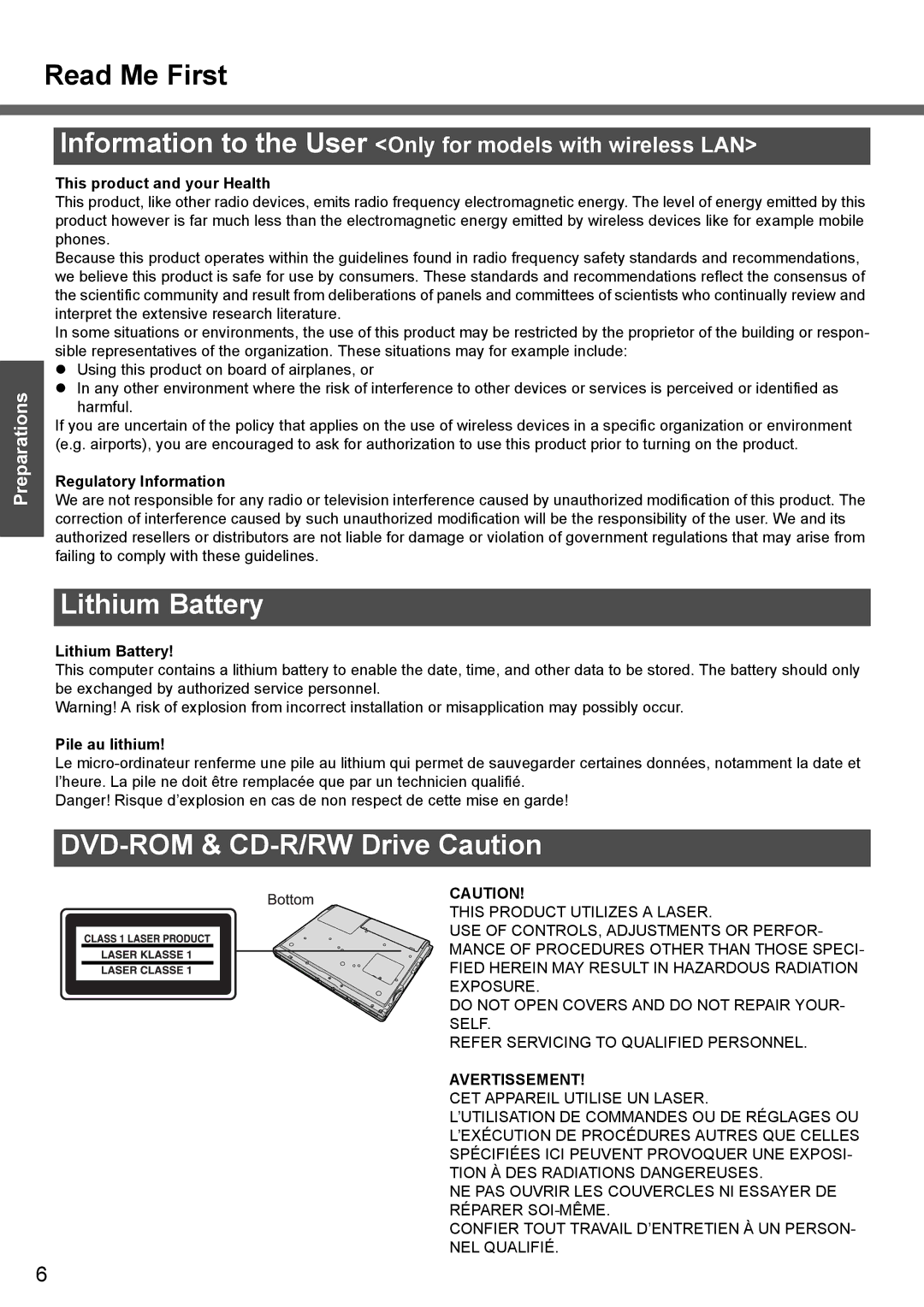 Panasonic CF-W4 Series manual Lithium Battery, DVD-ROM & CD-R/RW Drive Caution 