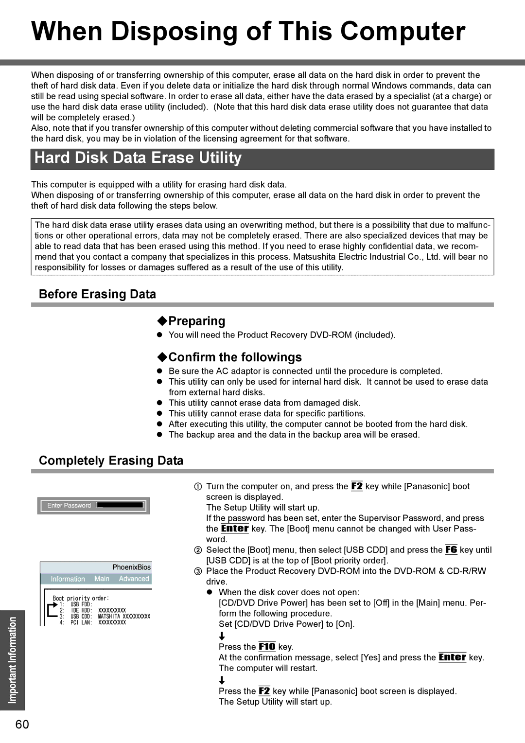 Panasonic CF-W4 Series manual When Disposing of This Computer, Hard Disk Data Erase Utility, Before Erasing Data ‹Preparing 