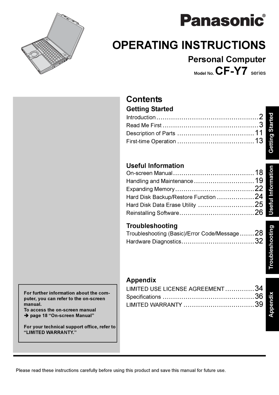 Panasonic CF-Y7 series appendix Personal Computer, Contents 