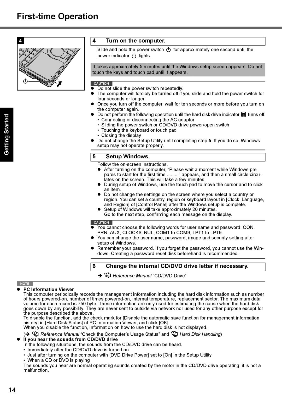 Panasonic CF-Y7 series appendix First-time Operation, Turn on the computer, Setup Windows 