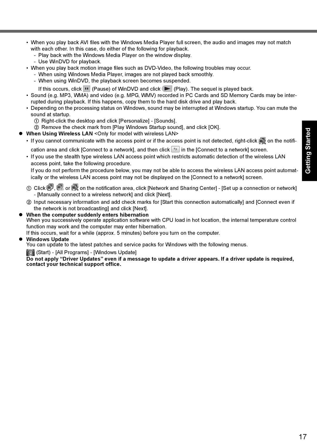 Panasonic CF-Y7 series appendix When the computer suddenly enters hibernation, Windows Update 