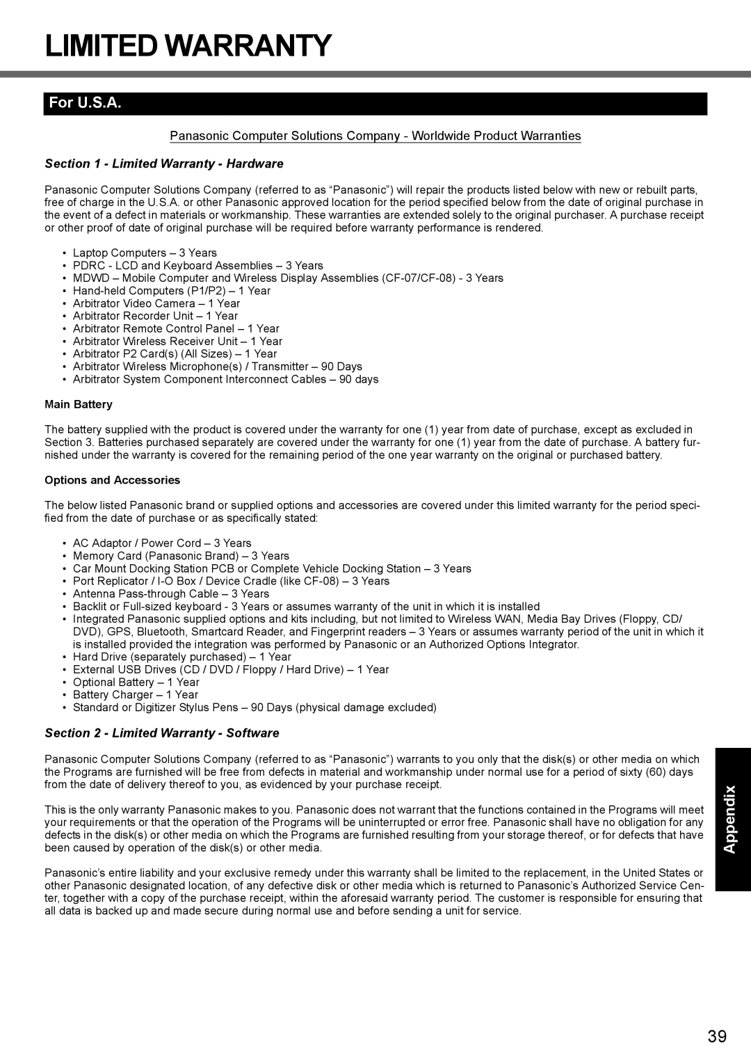 Panasonic CF-Y7 series appendix Limited Warranty, For U.S.A 