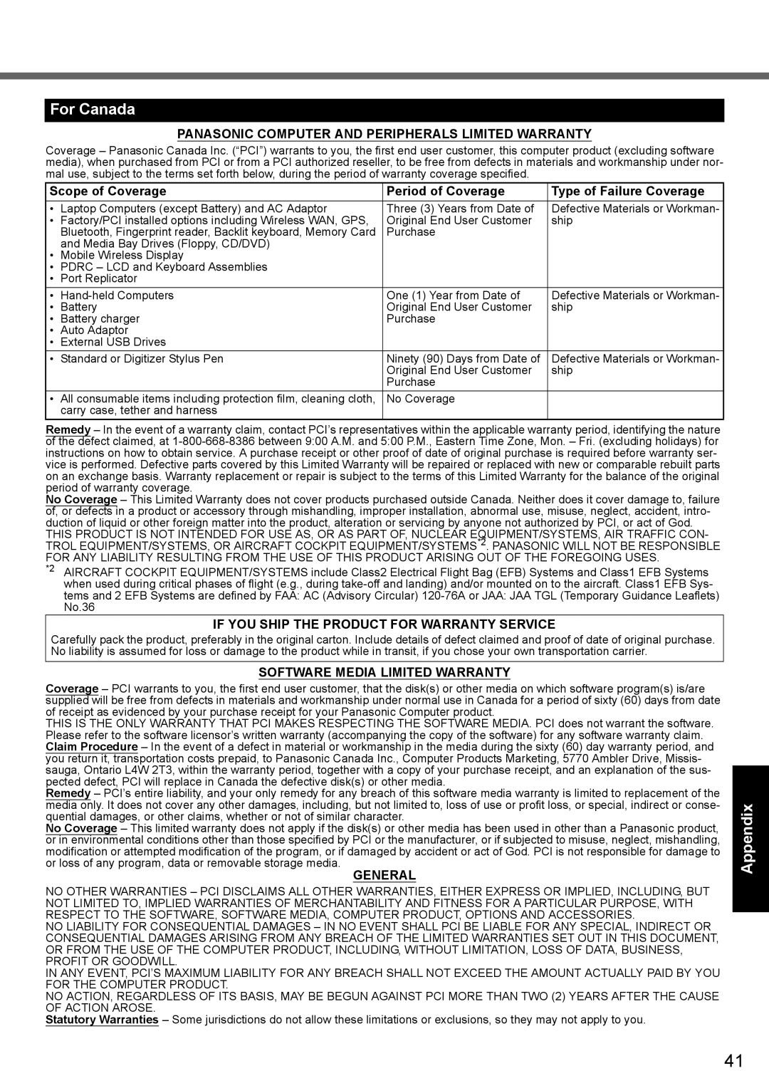 Panasonic CF-Y7 series For Canada, Panasonic Computer and Peripherals Limited Warranty, Software Media Limited Warranty 